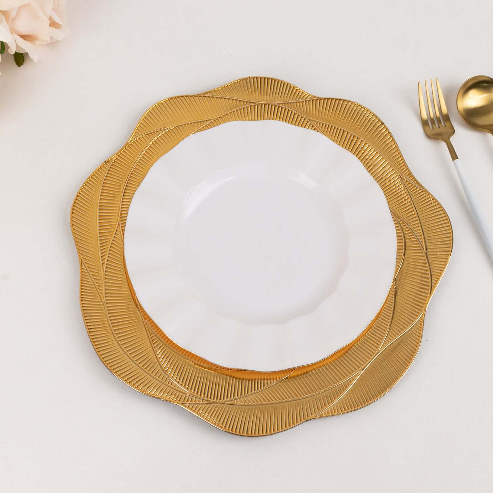6-Pack Acrylic Round Charger Plates 13" in Metallic Gold with Ribbed Rose Pattern, Event Tabletop Decorative Charger Tableware