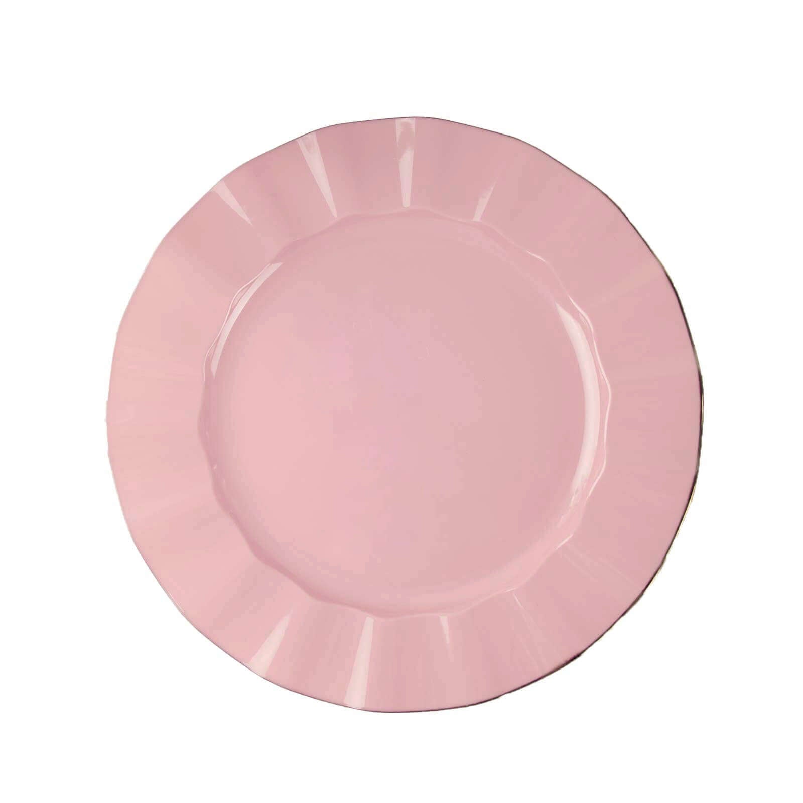 10-Pack Plastic 9" Round Dinner Plates in Dusty Rose Ruffled Rim with Gold Edging - Sturdy Disposable Dinnerware