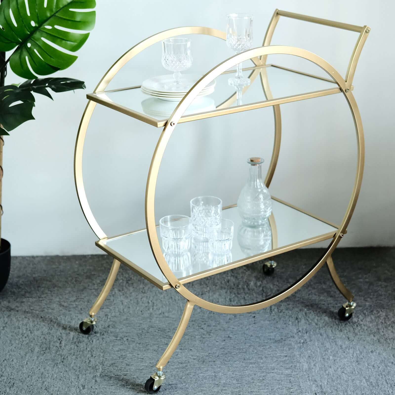 Gold Metal Bar Cart with Mirror Serving Tray 2-Tier - Round Teacart Island Trolley for Events 2.5ft