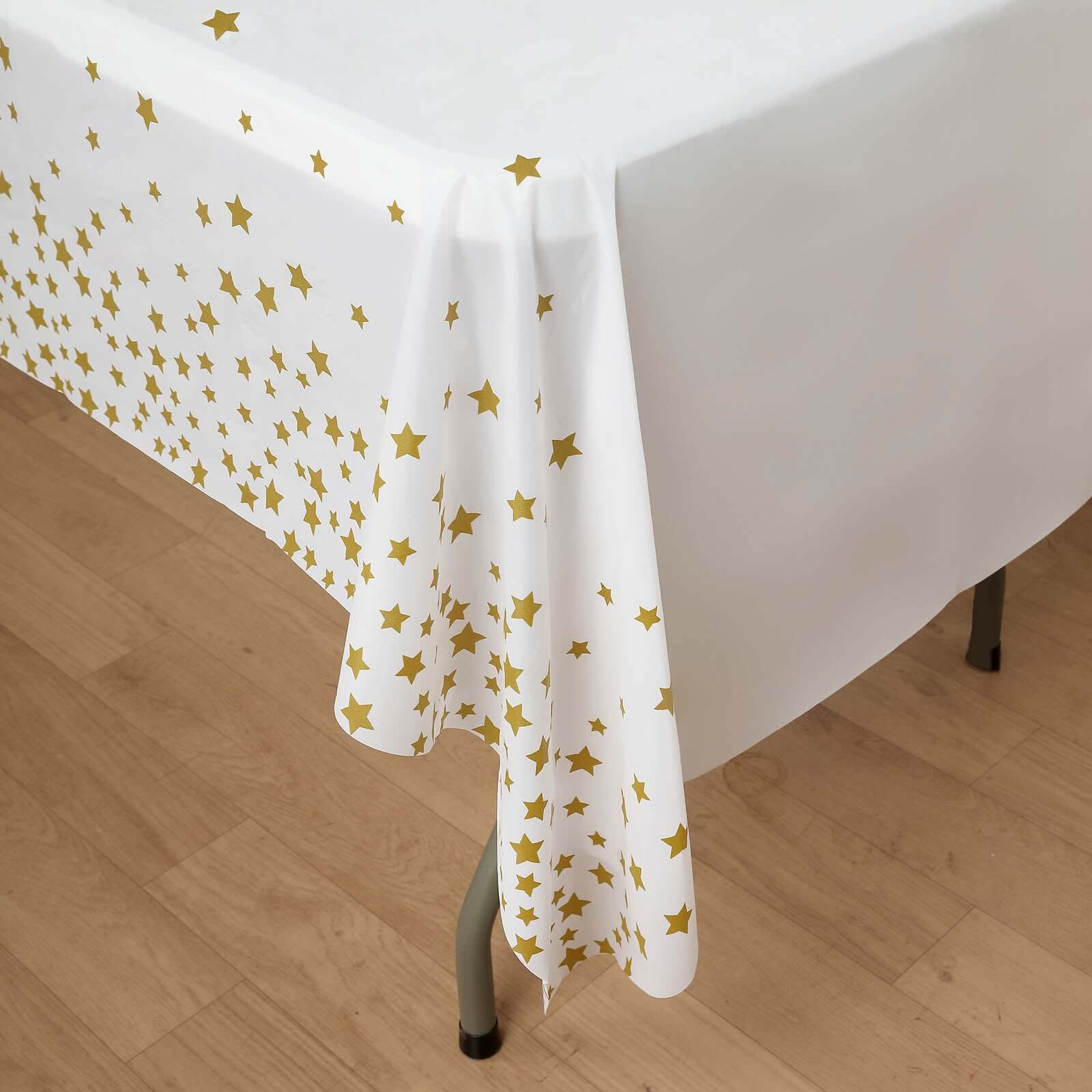 5-Pack Plastic Table Covers White Rectangle with Gold Stars - Decorative PVC Disposable Tablecloths 54"x108"