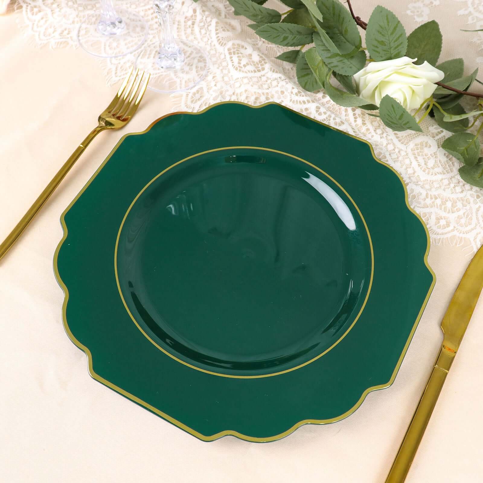 10-Pack Plastic Dinner Plates in Hunter Emerald Green Baroque Design with Scalloped Gold Rim - Heavy Duty Disposable Party Plates 11"