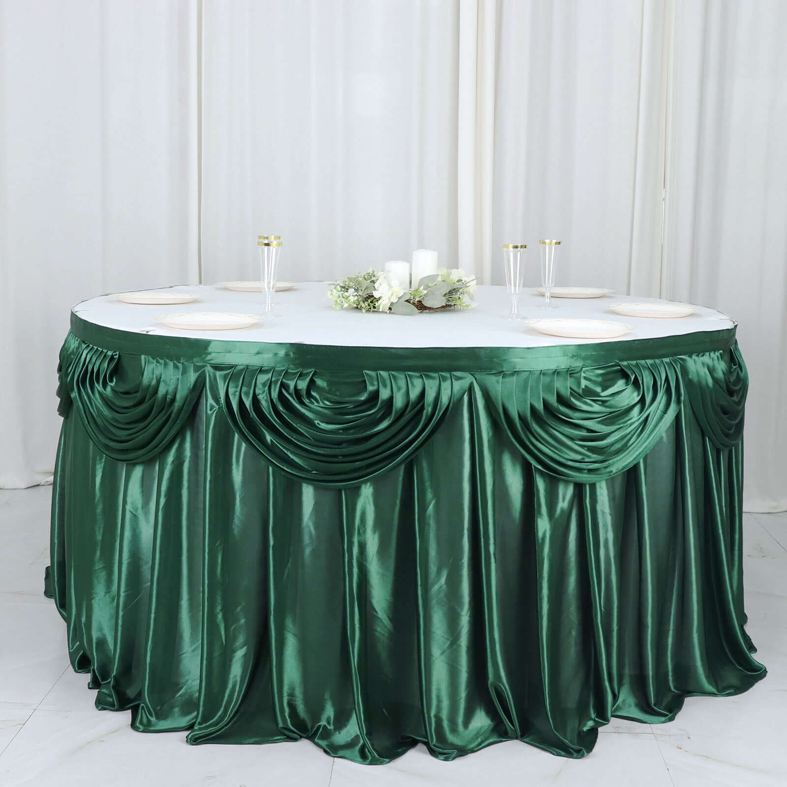 Satin 14ft Table Skirt Hunter Emerald Green - Pleated Double Drape Table Cover