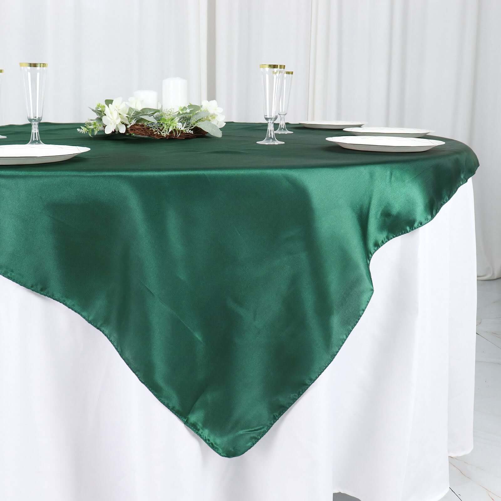 Satin 60"x60" Table Overlay Square Tablecloth Hunter Emerald Green - Smooth Silky Touch Table Cover
