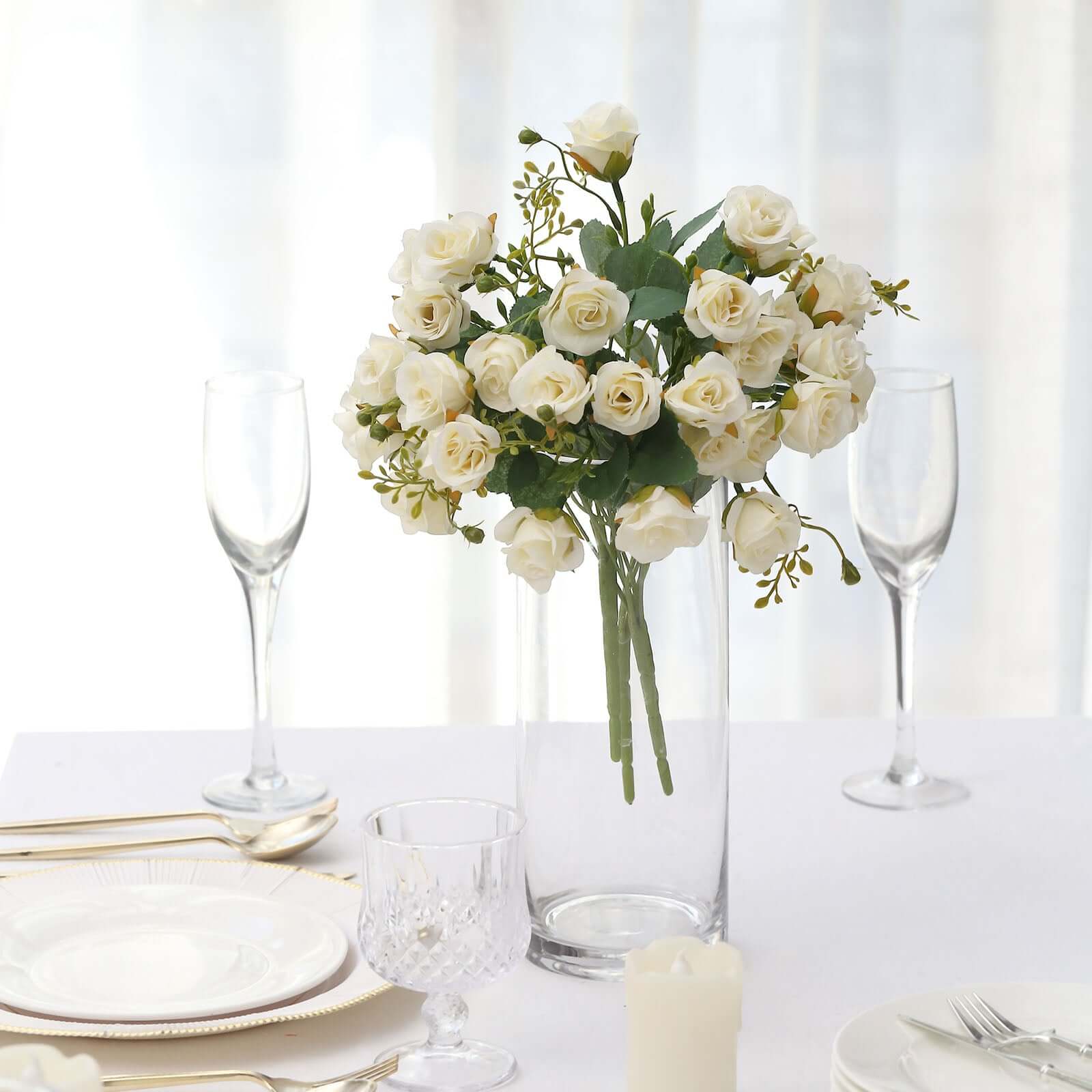 2 Pack 12" Ivory Artificial Open Rose Flower Arrangements, Small Faux Floral Bouquets