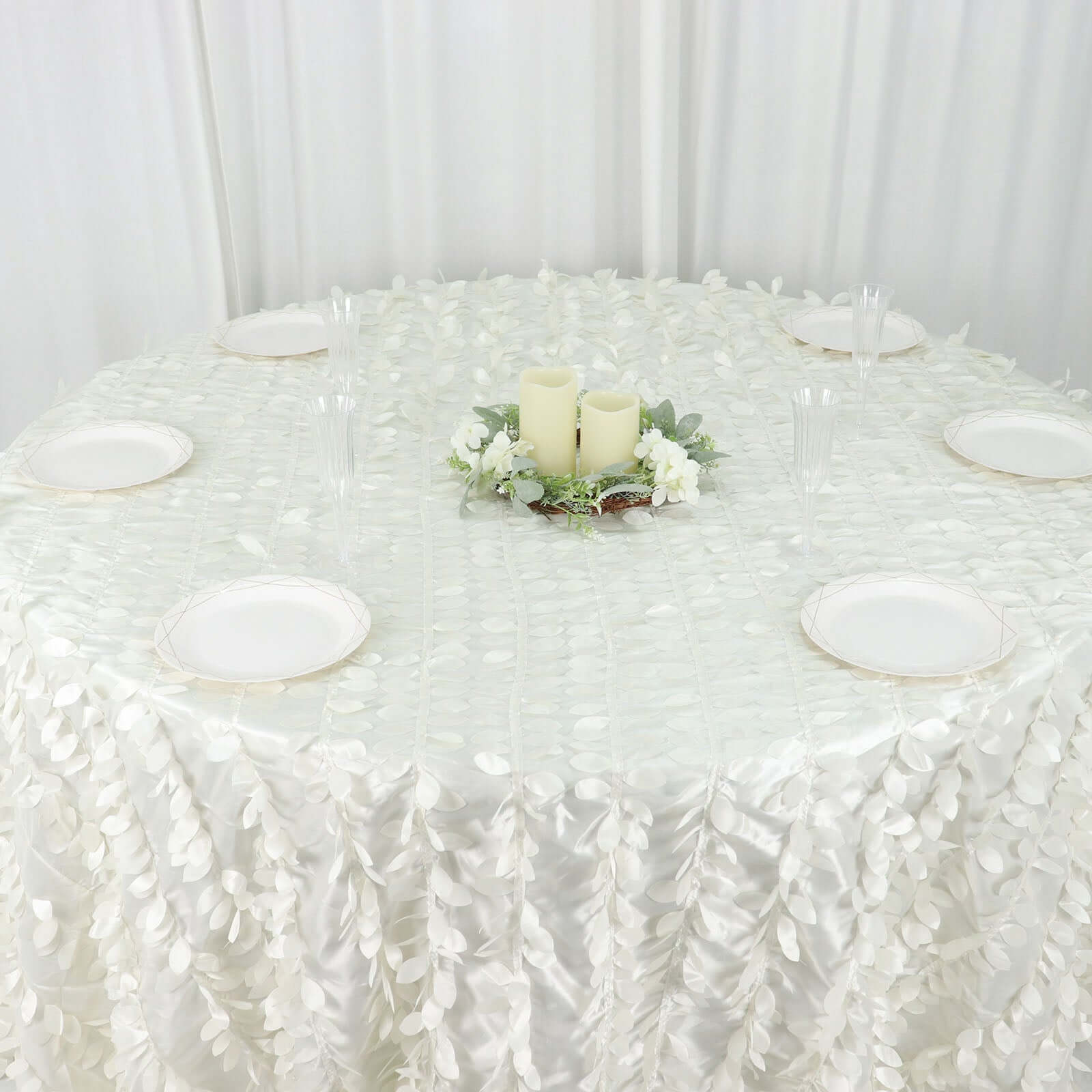 Taffeta 132" Round Tablecloth Ivory | 3D Leaf Petal Design Seamless Table Cover