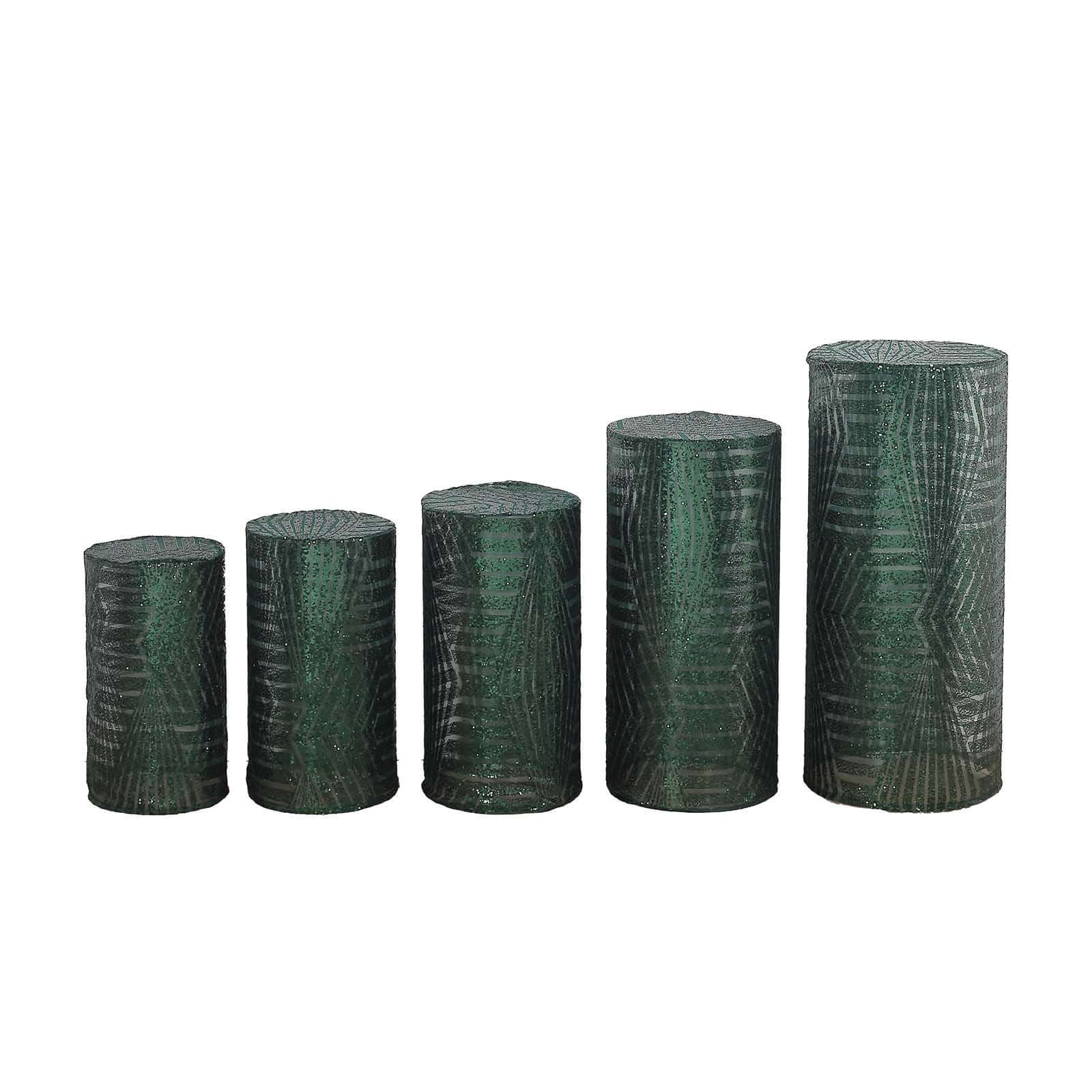 Set of 5 Hunter Emerald Green Sequin Mesh Cylinder Pedestal Stand Covers with Geometric Pattern Embroidery, Sparkly Sheer Tulle Pillar Prop Covers