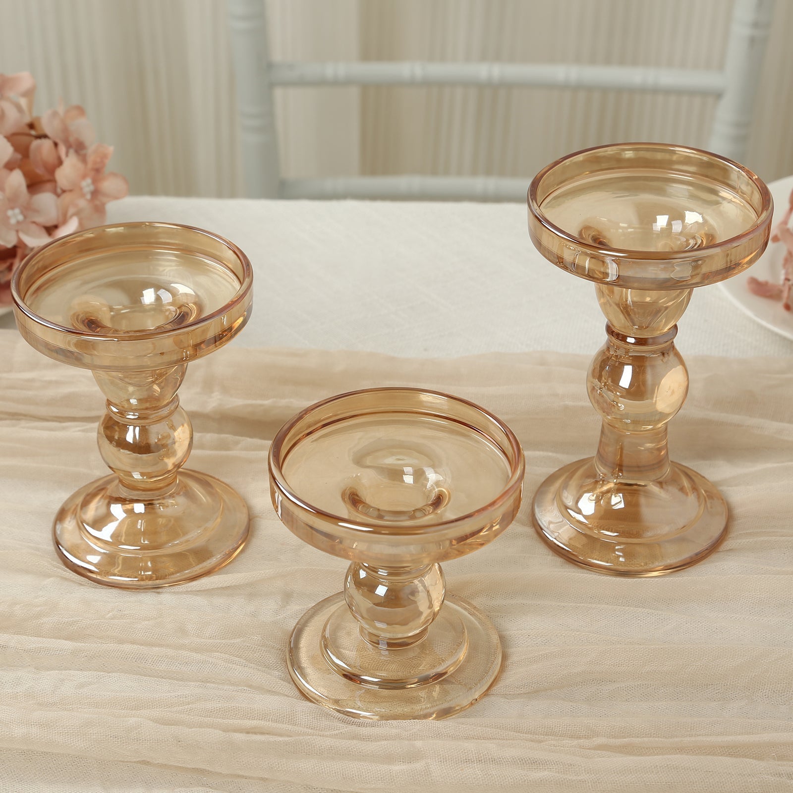 Set of 3 Glass Pillar Candle Holders Amber Gold with Round Tray - Crystal Ball Stem Taper Candlestick Tea Light Stands 3.5", 4.5", 5.5"