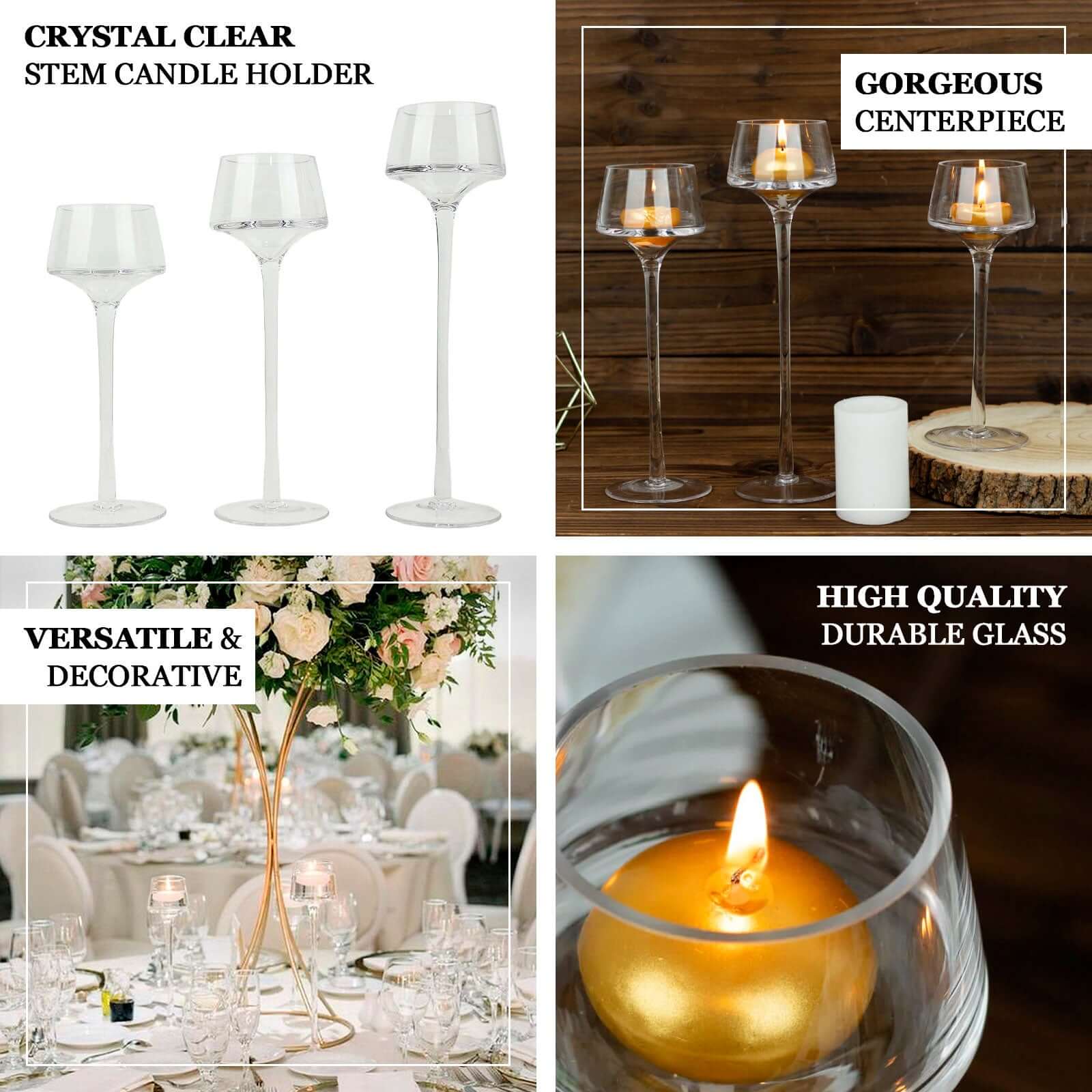 Set of 3 Glass Pedestal Vases Long Stem Clear - Tall Disc Candle Holders for Floral Centerpieces 8", 9", 10"
