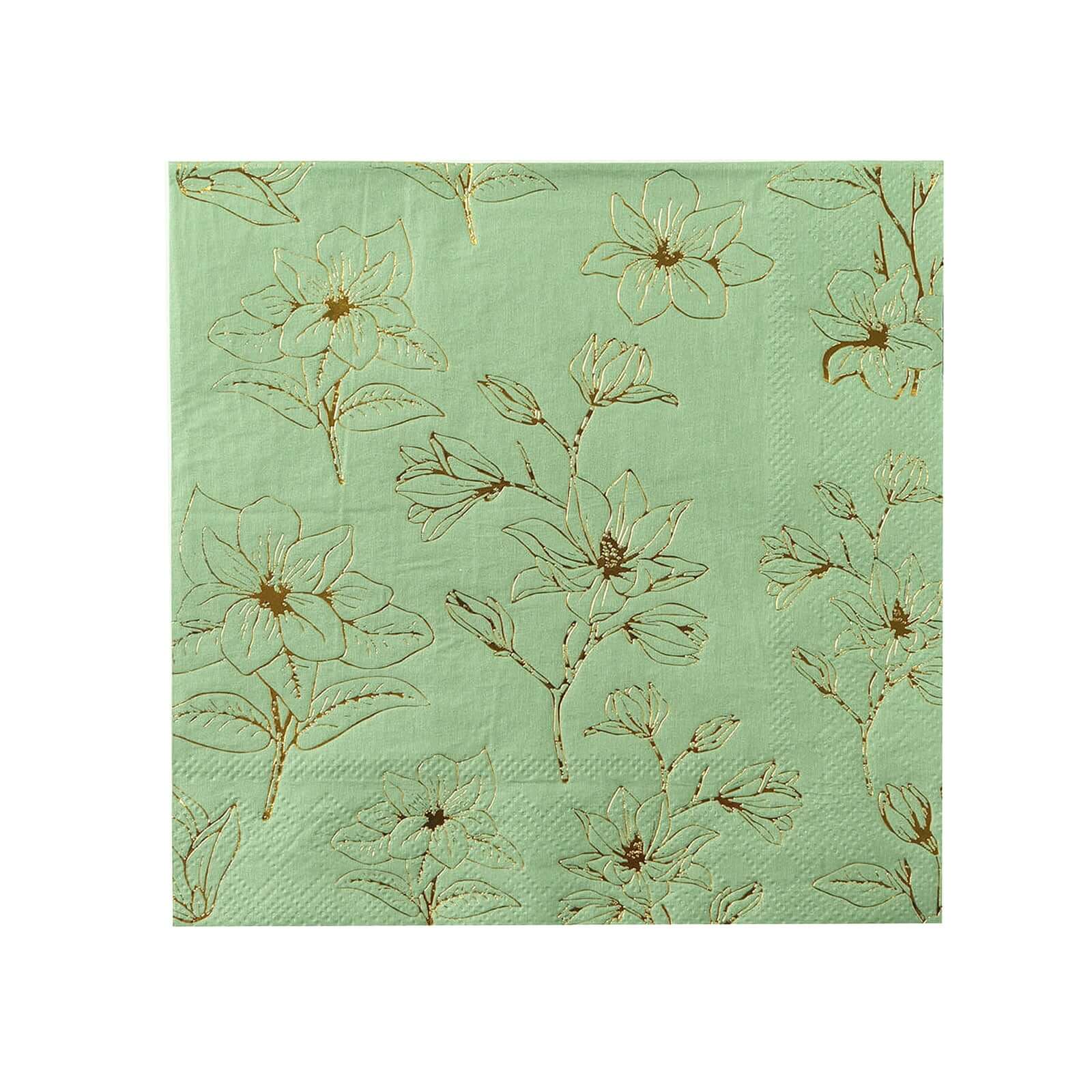 50-Pack Paper Cocktail Napkins with Gold Magnolia Flowers Print Sage Green - Highly 2 Ply Absorbent Soft Napkins for Beverages