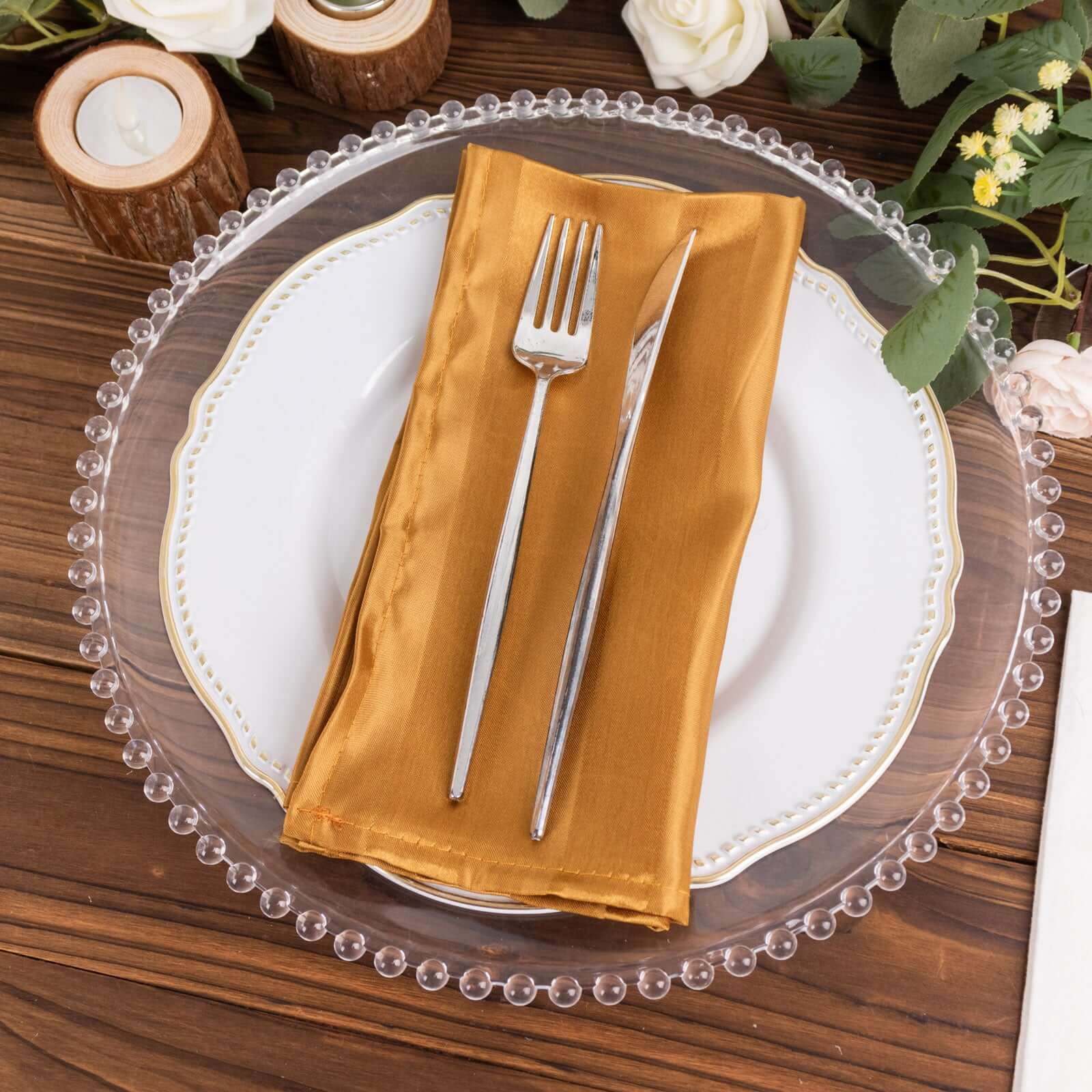 5 Pack Satin 20"x20" Napkins Gold Glossy Stripes - Durable & Wrinkle-Free Cloth Napkins