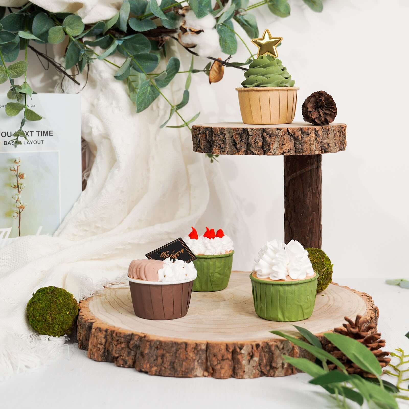 2-Tier Wooden Cheese Board Stand Elm Wood Slice Design Natural - Rustic Cupcake Centerpiece 8"