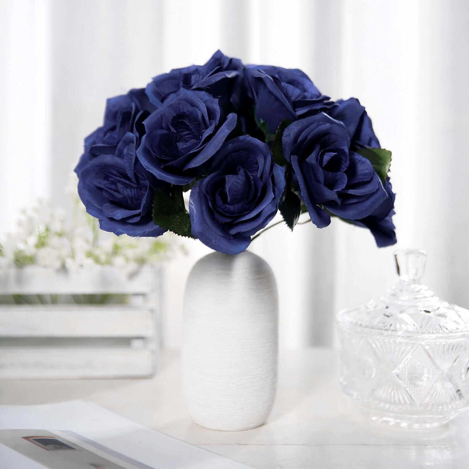 12" Navy Blue Artificial Velvet-Like Fabric Rose Flower Bouquet Bush