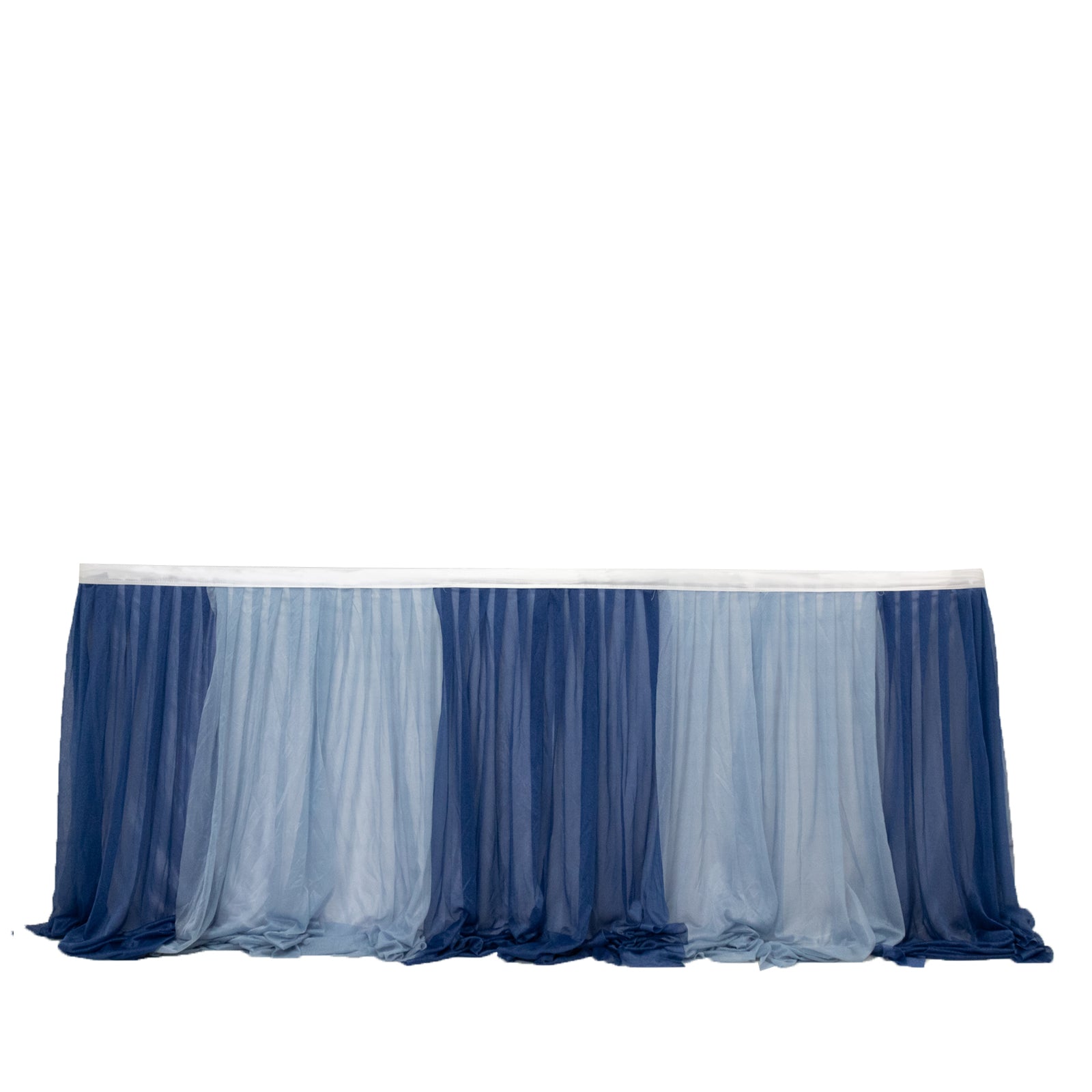 14ft Sheer Pleated Ruffle Skirting Chiffon Table Skirt - Navy Blue and Dusty Blue, Shimmer Sheer, Wrinkle-Free Fabric