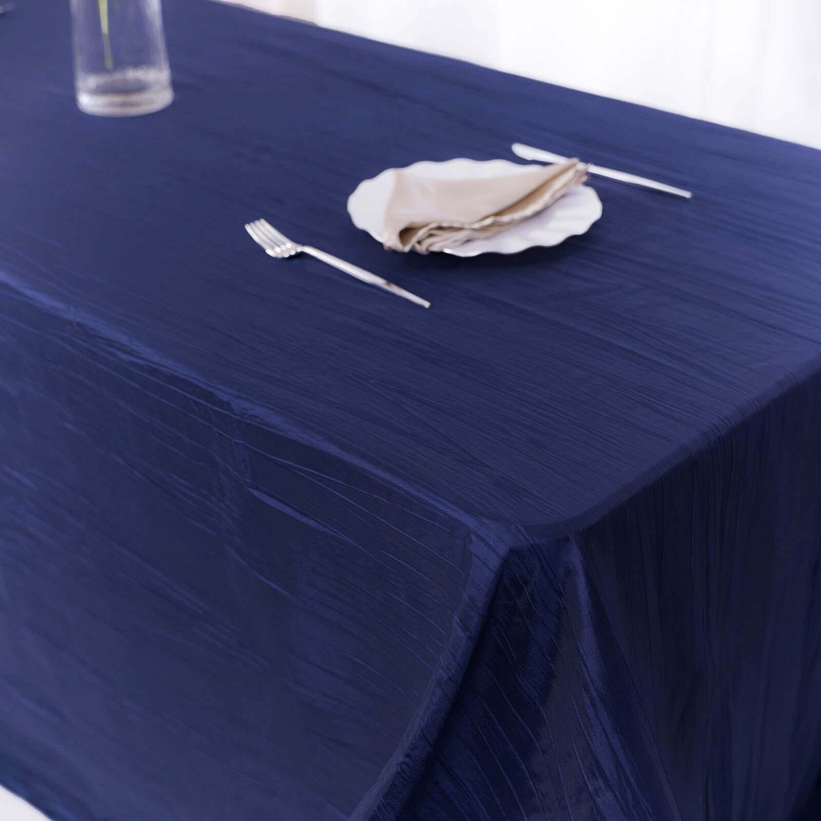 Taffeta 90"x156" Rectangle Tablecloth Navy Blue - Accordion Crinkle Seamless Table Cover