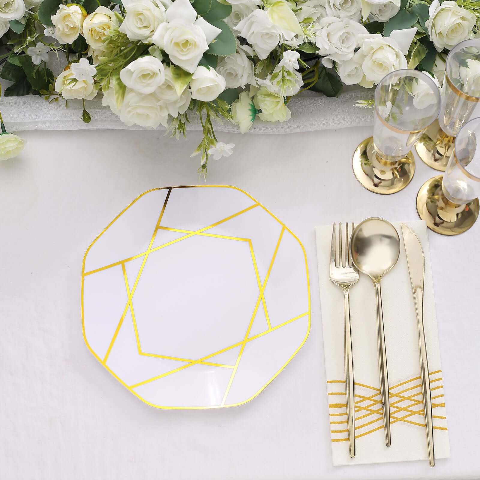 10-Pack Plastic 8" Octagon Dessert Plates in White - Modern Disposable Salad/Appetizer Plates with Gold Geometric Design for Special Occasions & Celebrations