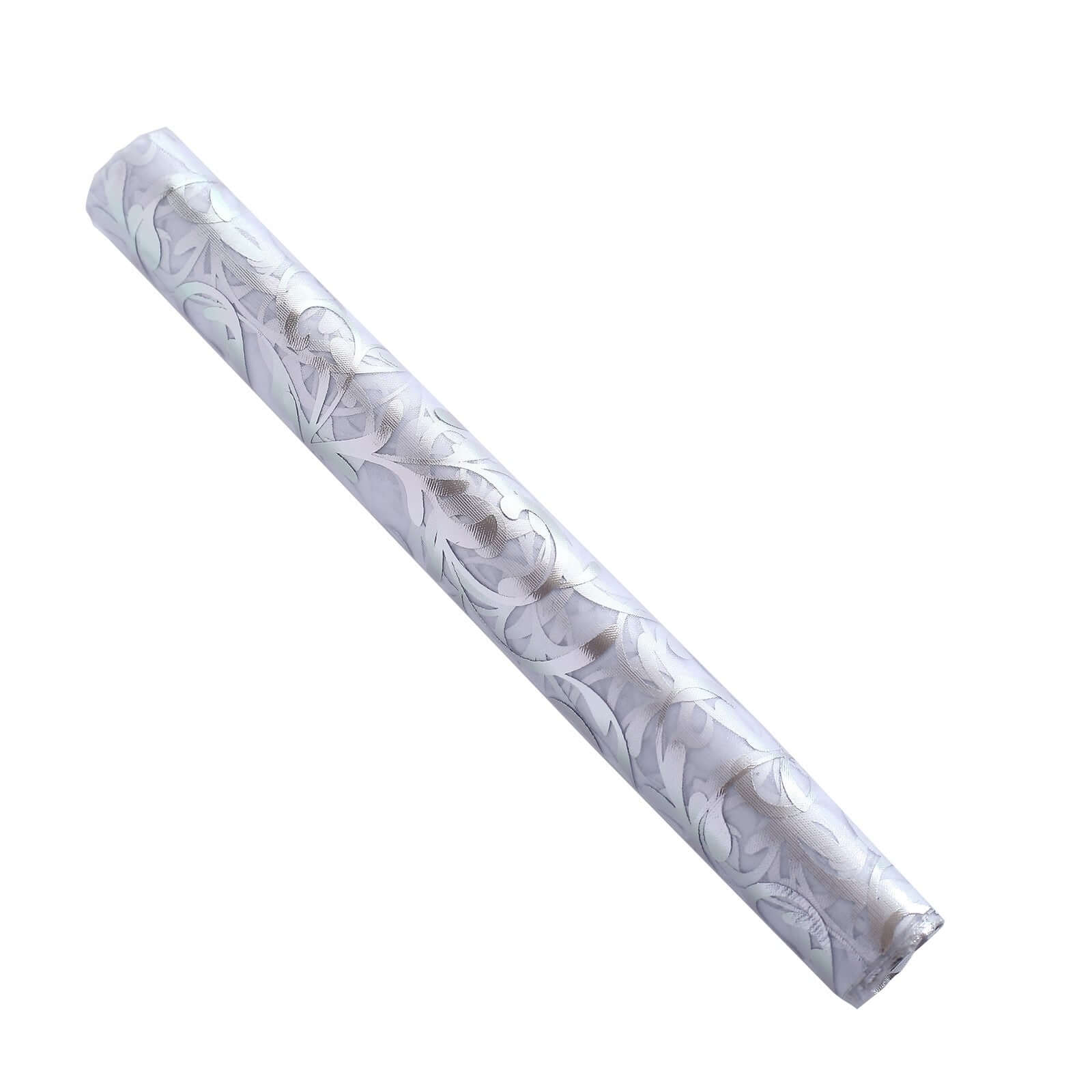 Sheer Organza 12"x108" Table Runner Roll Metallic Silver Foil Embossed Floral Design - Stylish Event Decoration