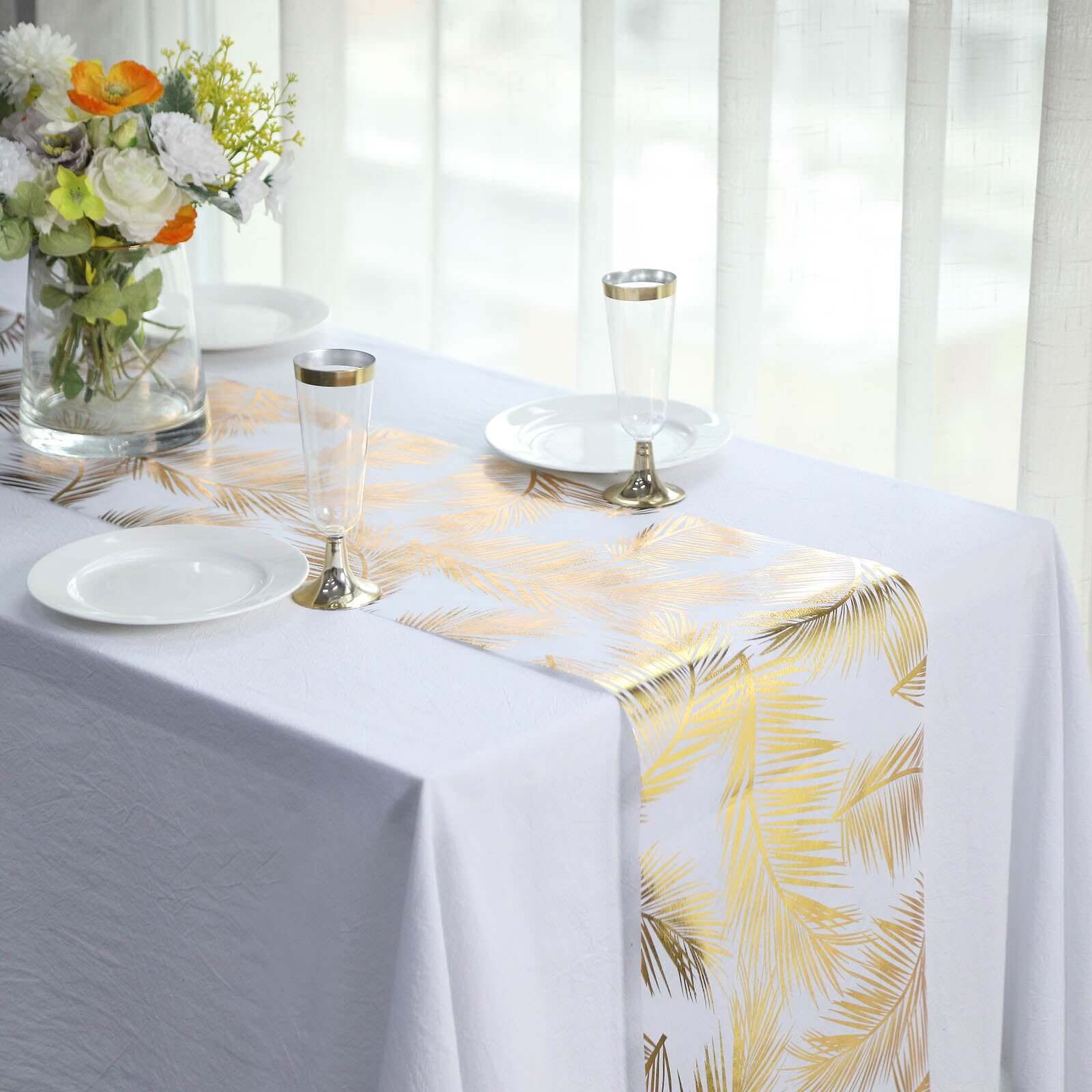 Disposable Table Runner Roll 108" Metallic Gold Foil Palm Leaves Print - Chic Non-Woven Tropical Table Decor for Events