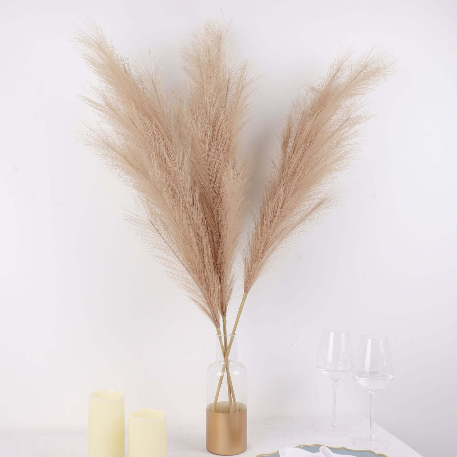 3 Stems Artificial Pampas Grass Decor Taupe - Soft Realistic Faux Ornamental Grass Branches for Rustic Boho Chic Backdrops Floral Styling & Vase Displays 44"