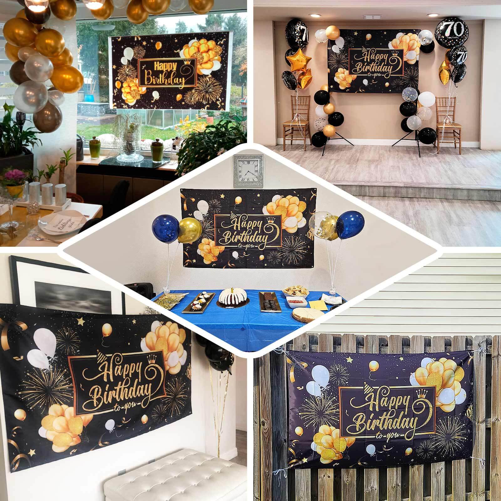 6ftx3ft Black Gold Happy Birthday Photo Booth Backdrop Decoration, Large Polyester Background Banner