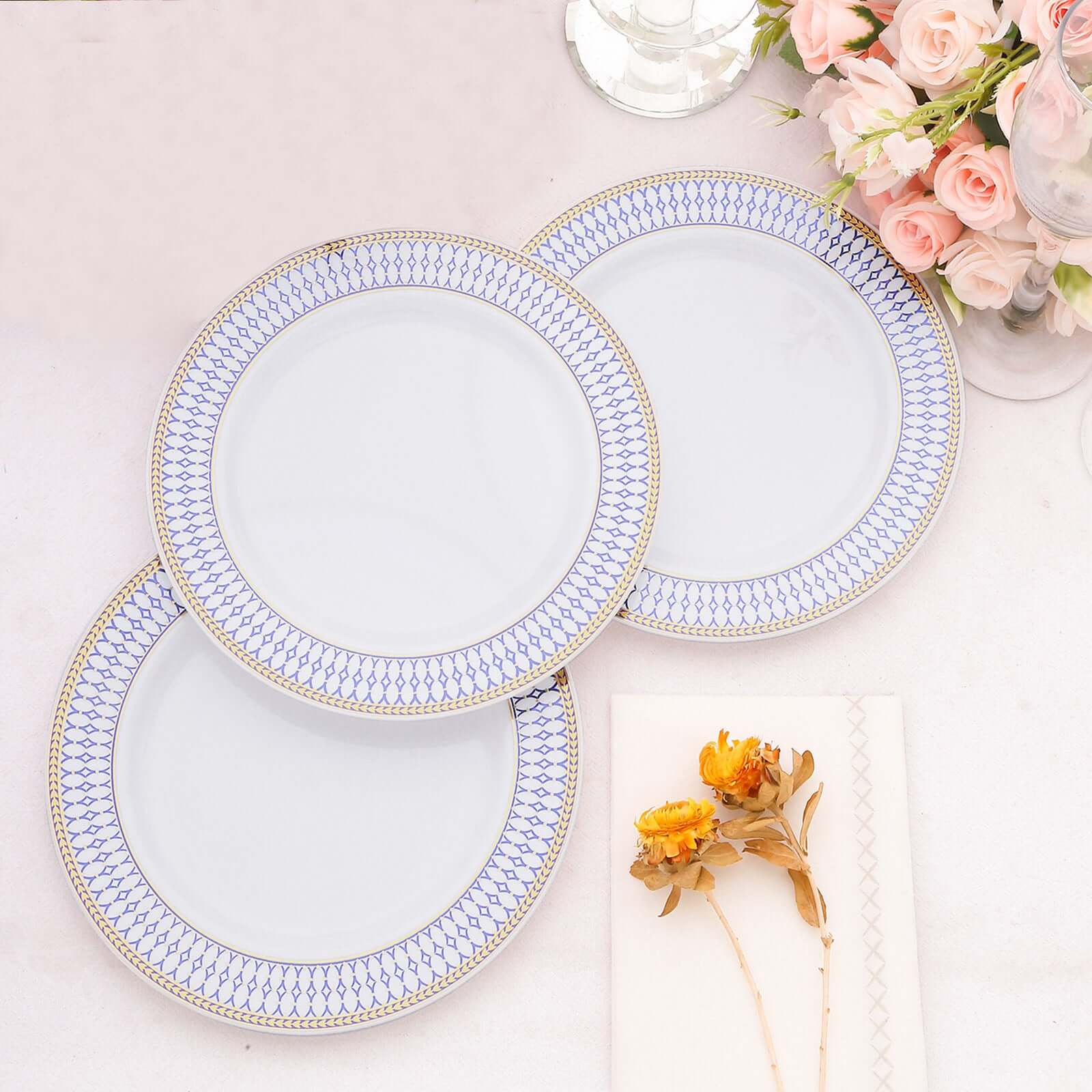 10-Pack Plastic 7" Round Dessert Plates in White with Gold Navy Blue Chord Rim - Renaissance Style Disposable Salad Appetizer Plates for Events & Banquets