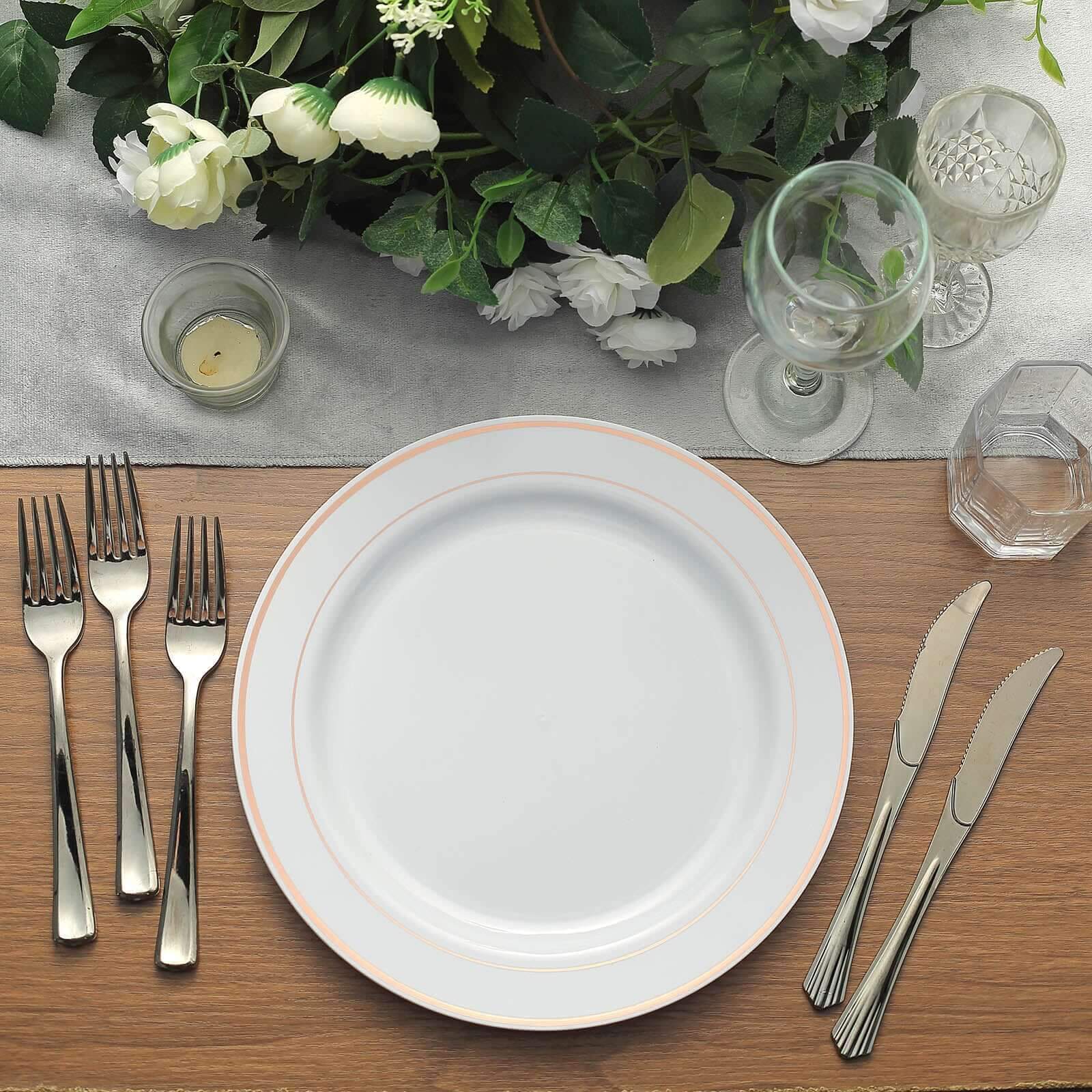 10-Pack Plastic Dinner Plates White with Très Chic Rose Gold Rim - Perfect Disposable Party Plates 10"