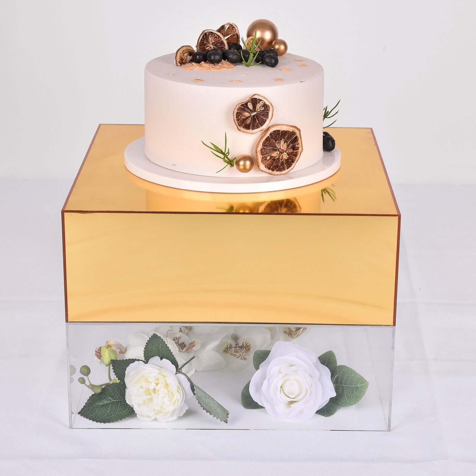 Acrylic Cake Box Stand Pedestal Riser Mirror Finish Gold - Display for Desserts and Events 14"x14"