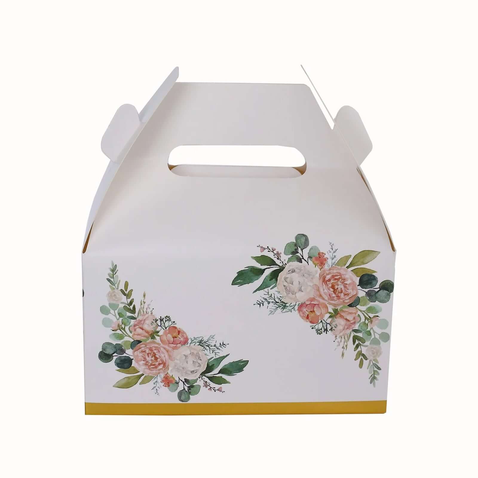 25 Pack White Pink Peony Flowers Print Candy Gift Tote Gable Boxes with Gold Edge, Party Favor Treat Boxes - 6"x3.5"x7"