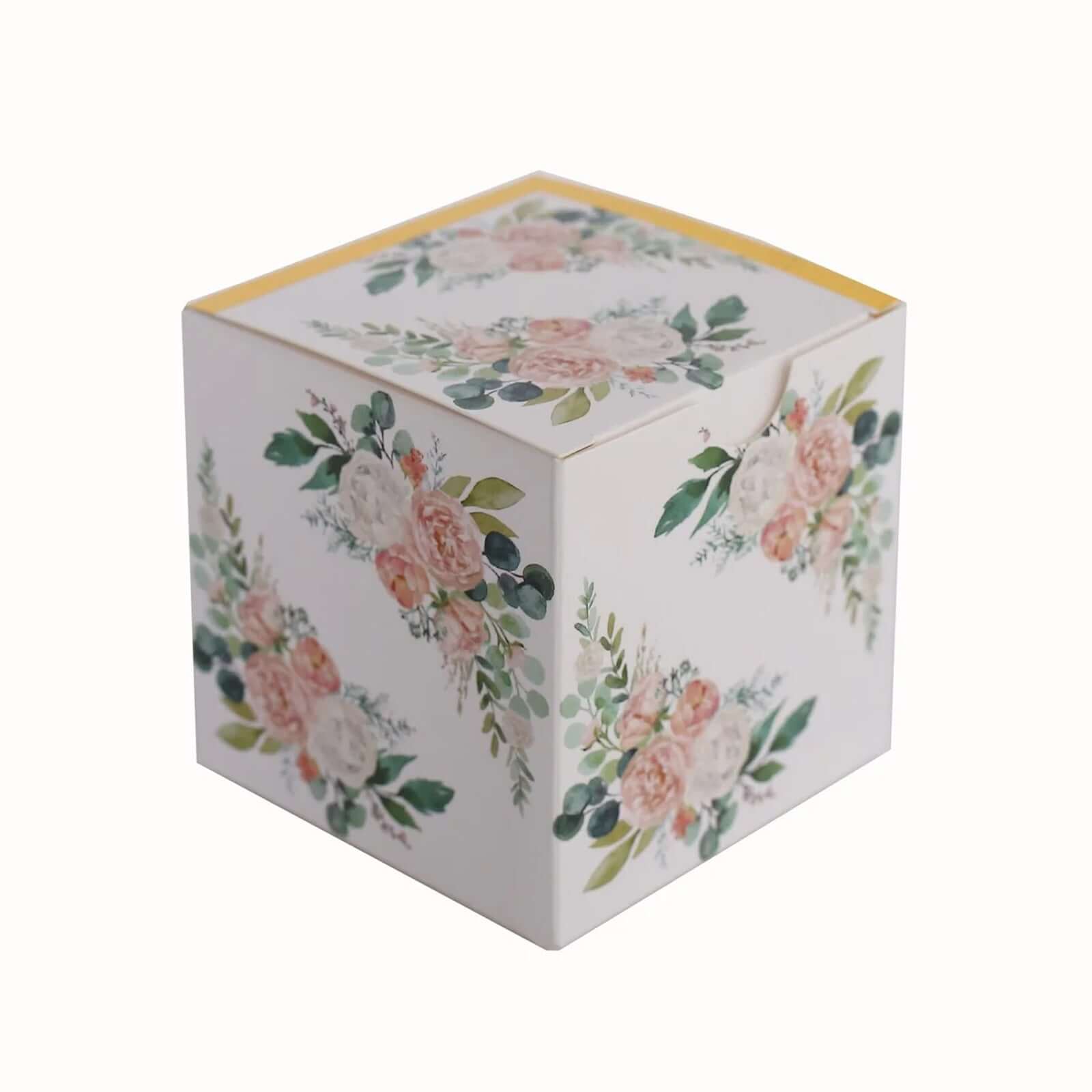 25 Pack White Pink Peony Flowers Print Paper Favor Boxes with Gold Edge, Cardstock Party Shower Candy Gift Boxes - 3"x3"x3"