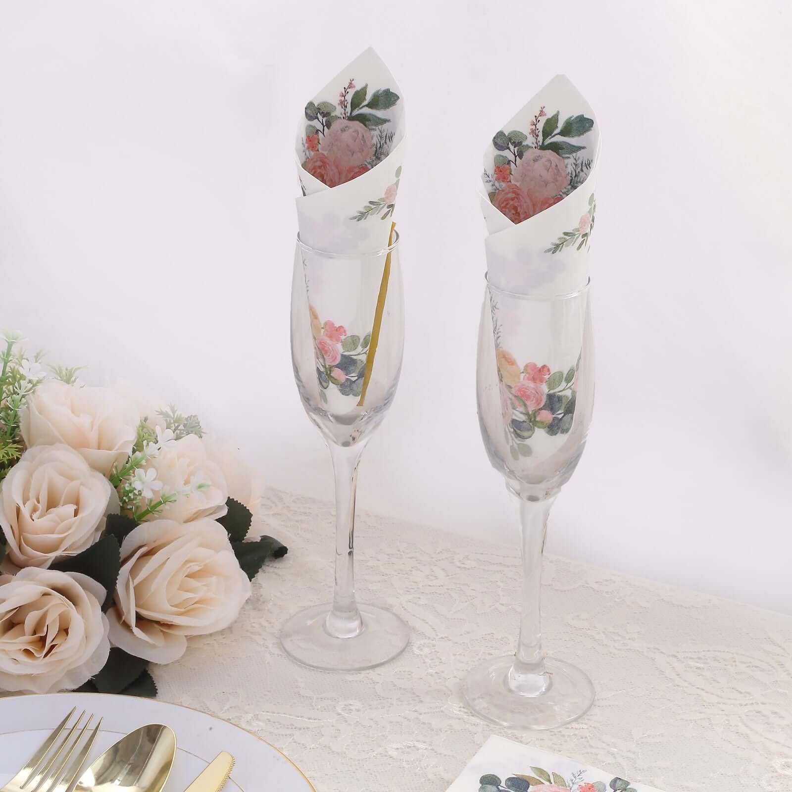 20-Pack Paper Dinner Napkins White with Pink Peony Flowers and Gold Edge 2-Ply - Stylish Disposable Napkins for Events