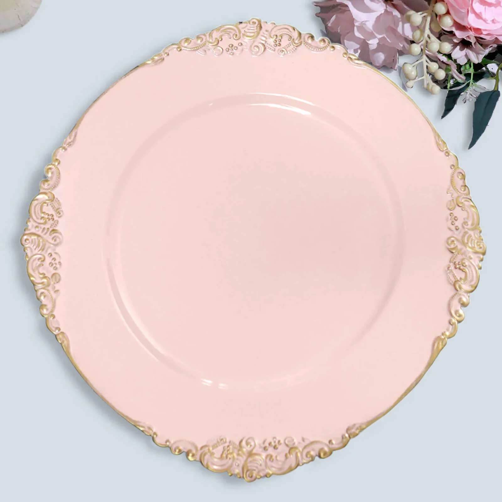 6-Pack Acrylic Round Charger Plates 13" in Blush with Gold Embossed Baroque Rim, Antique Decorative Dinner Party Charger Tableware