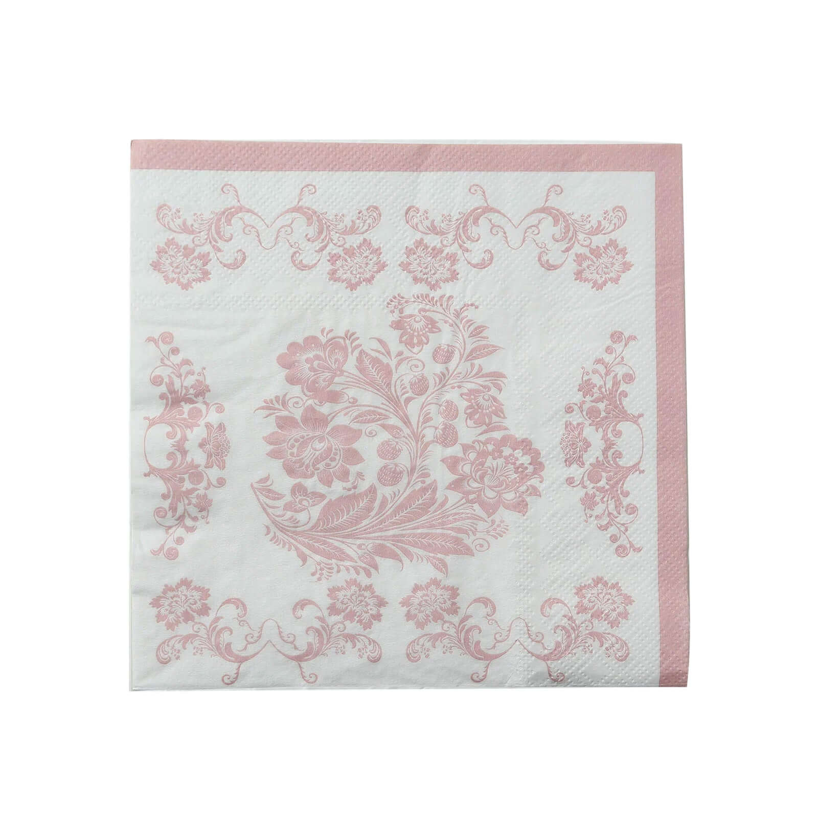 50 Pack 2-Ply Paper Beverage Napkins in White Matte Pink Damask Floral Pattern, Disposable Cocktail Napkins - Highly Absorbent & Soft