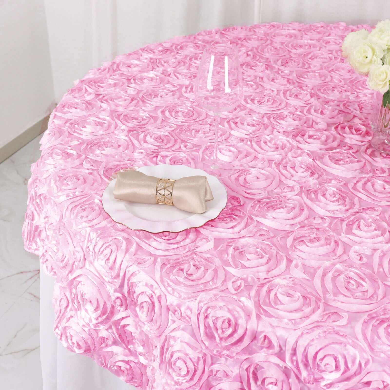 Satin 72"x72" Table Overlay Square Tablecloth Pink - 3D Rosette Table Cover