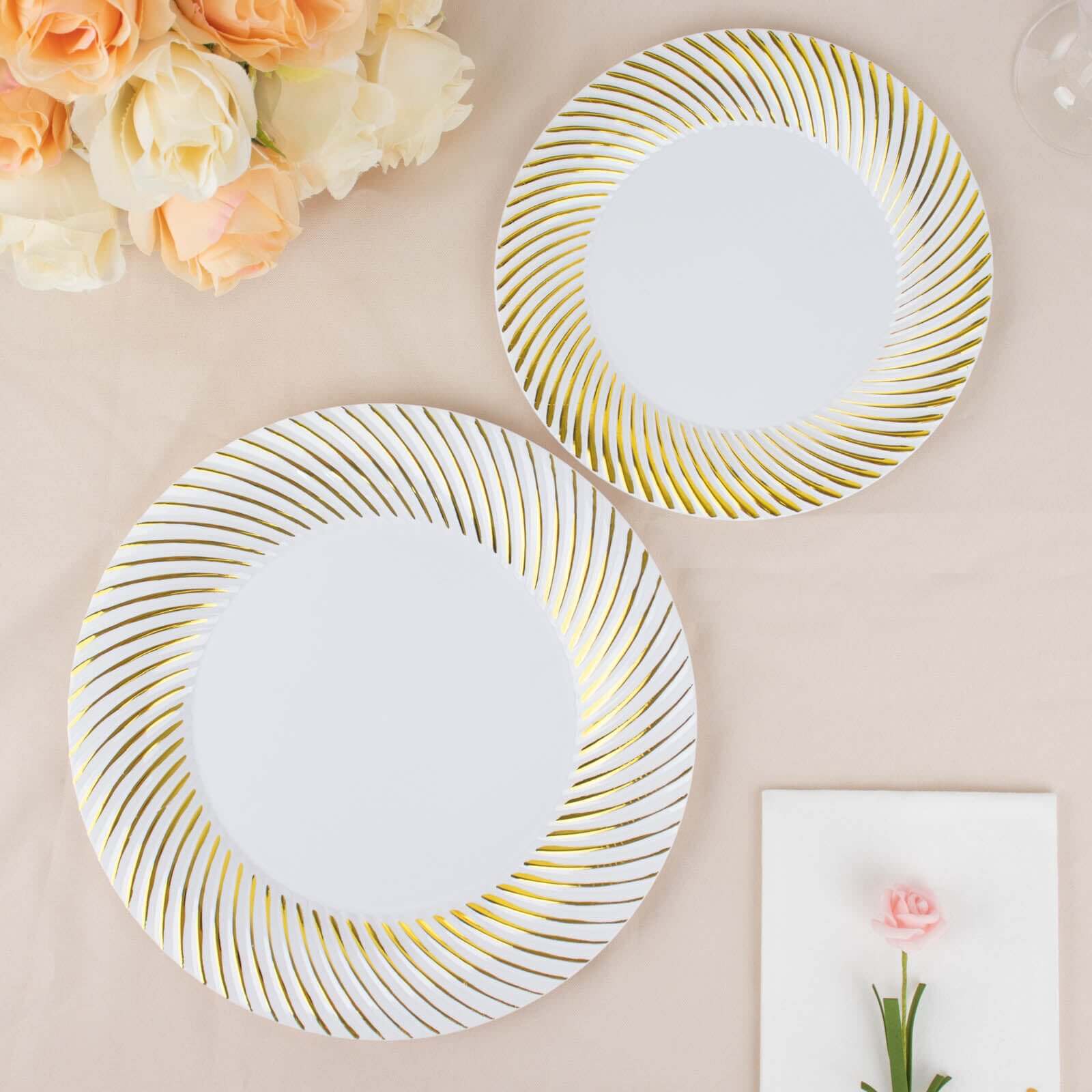 10-Pack Plastic 7" Round Dessert Plates in White with Gold Swirl Rim - Disposable Salad Plates for Classy Events & Banquets