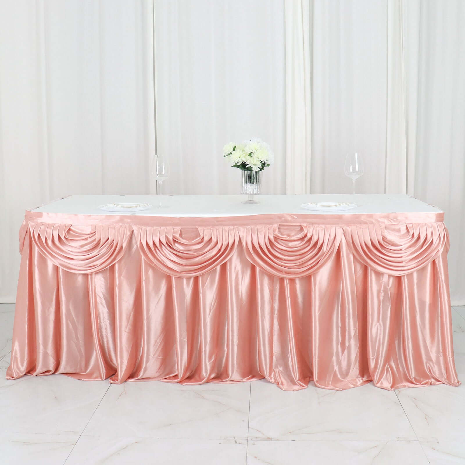 Satin 14ft Table Skirt Dusty Rose - Pleated Double Drape Table Cover