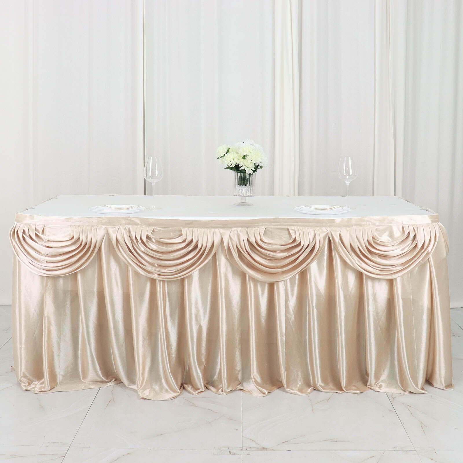 Satin 14ft Table Skirt Beige - Pleated Double Drape Table Cover