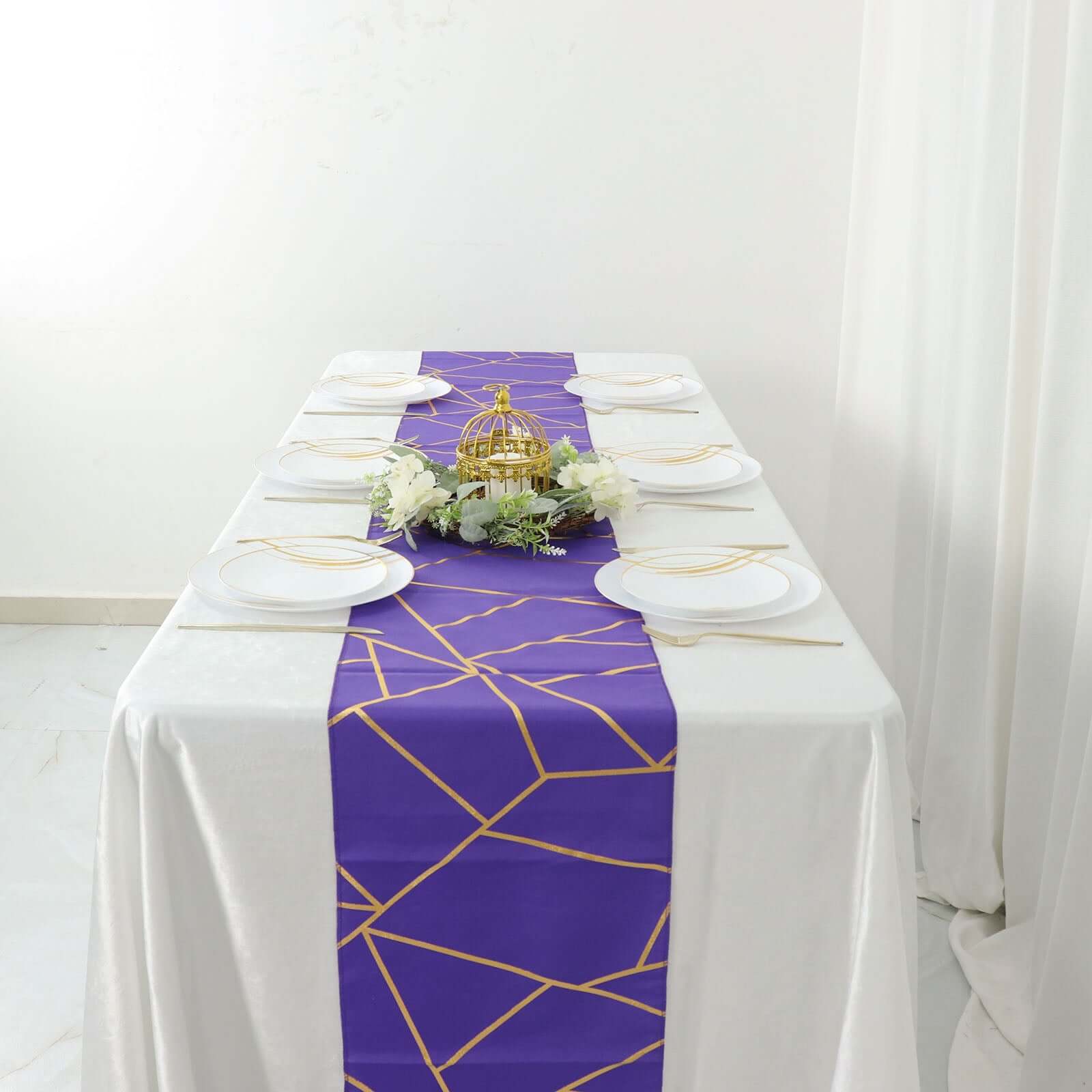 Polyester 9ft Table Runner Purple with Gold Foil Modern Geometric Accent