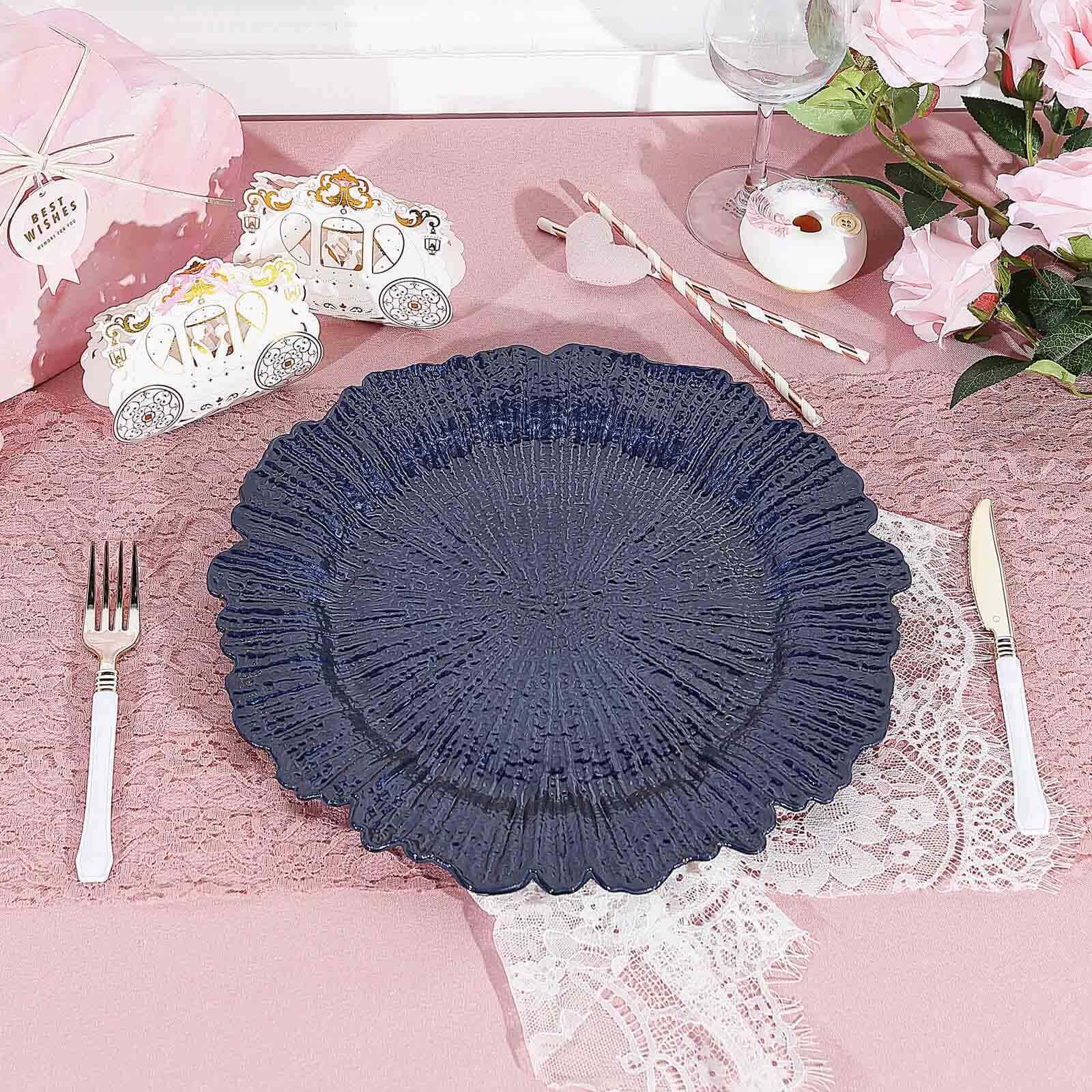 6-Pack Acrylic Plastic Round Charger Plates 13" in Navy Blue with Reef Design, Dinner Charger Tableware