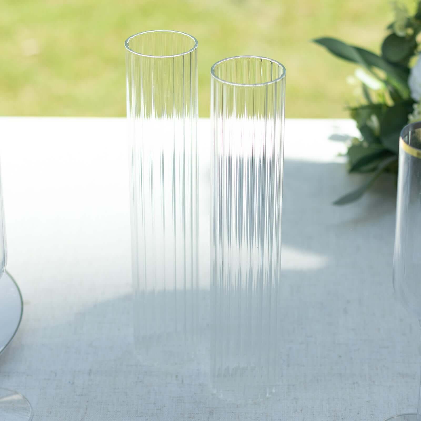 2-Pack Clear Ribbed Glass Hurricane Shades Open End Design - Stylish Candelabra Pillar Candle Holder Table Centerpiece 10"