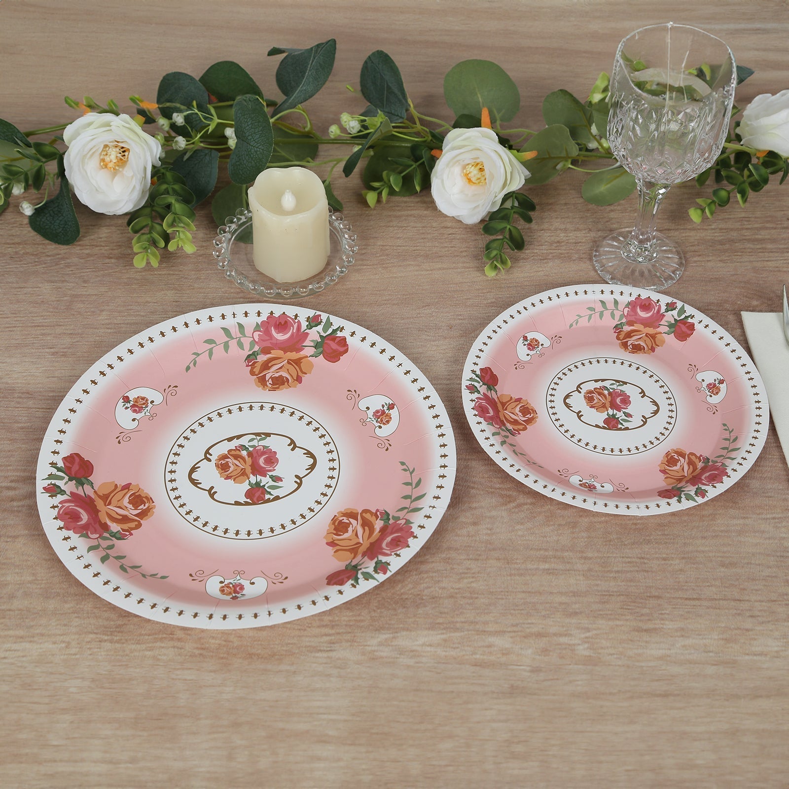 25-Pack Paper 7" Round Dessert Plates in Dusty Rose with Vintage Rose Flower Print - Disposable Appetizer Salad Plates