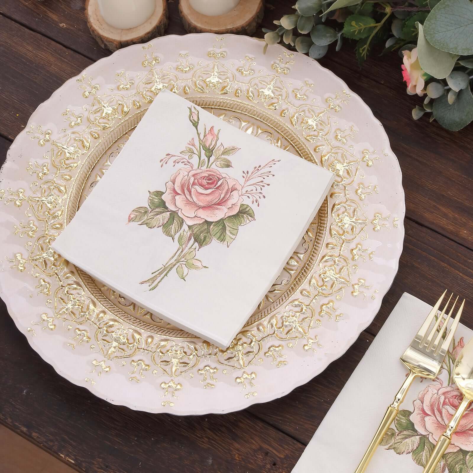 20-Pack Paper Beverage Napkins with Pink Floral Design Ivory - 2 Ply Soft 18GSM Rose Garden Wedding Napkins 6.5"x6.5"