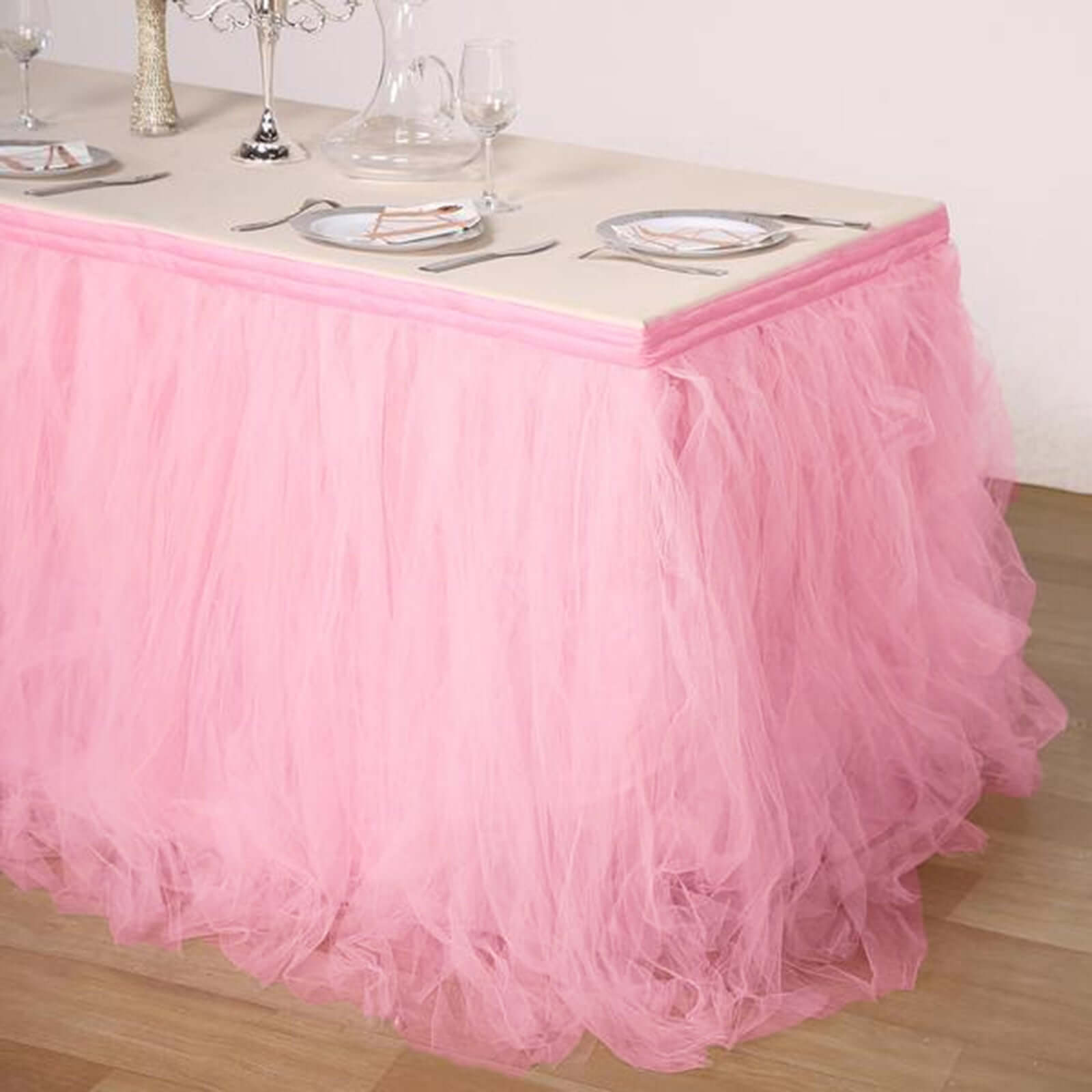 Tulle 17ft Table Skirt Pink/Rose Quartz - 4 Layer Pleated Tutu Table Cover