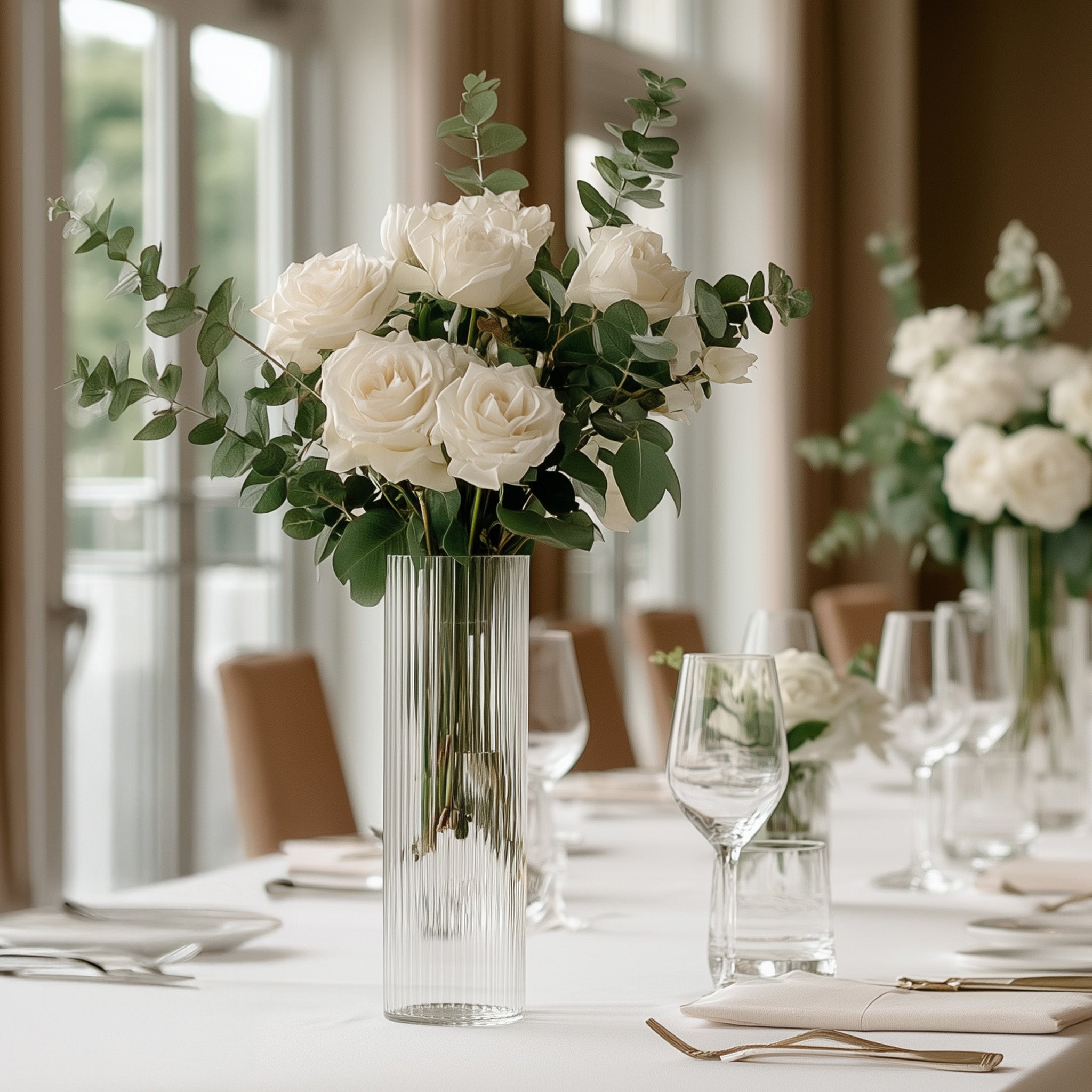 14" Ribbed Cylinder Glass Vases 6-Pack – Tall Clear Decorative Vases for Dining Tables, Mantels & Modern Interiors