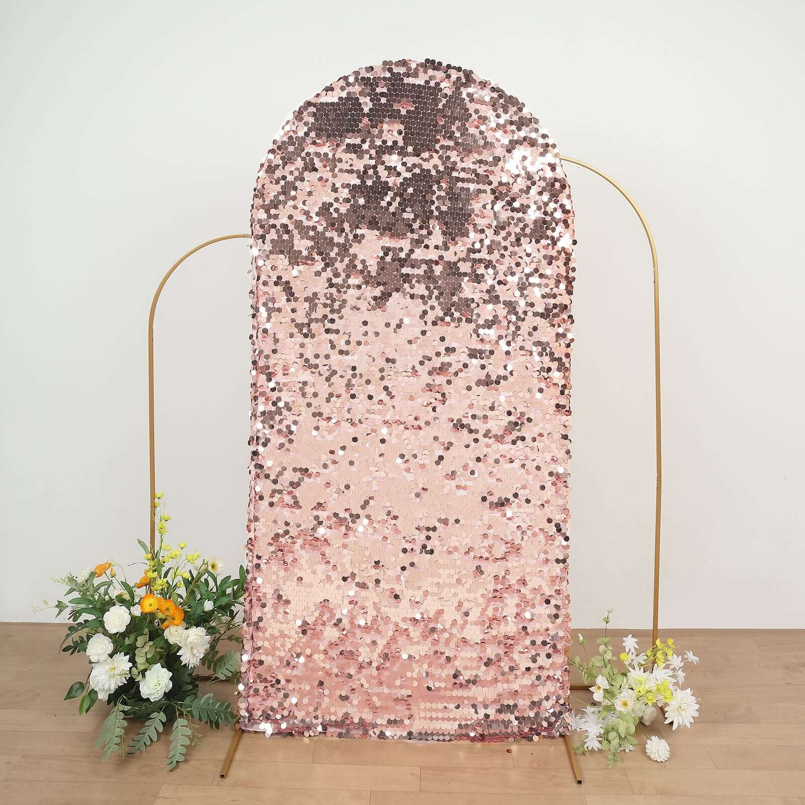 7ft Sparkly Rose Gold Double Sided Big Payette Sequin Chiara Backdrop Stand Cover For Fitted Round Top Wedding Arch