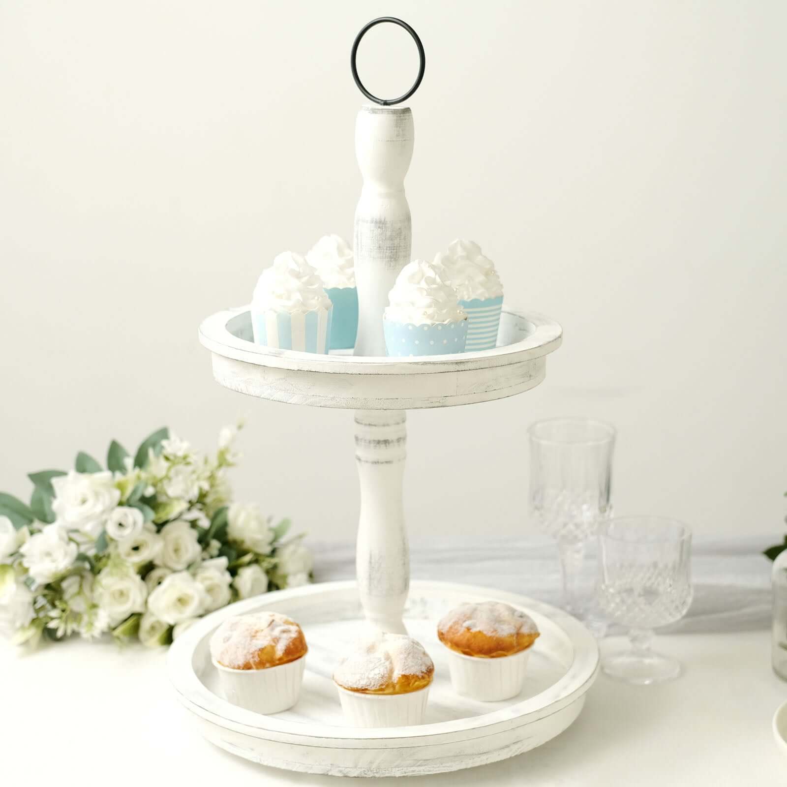 2-Tier Wooden Serving Tray Stand Rustic Whitewashed Design - Farmhouse Style Cupcake Display 20"