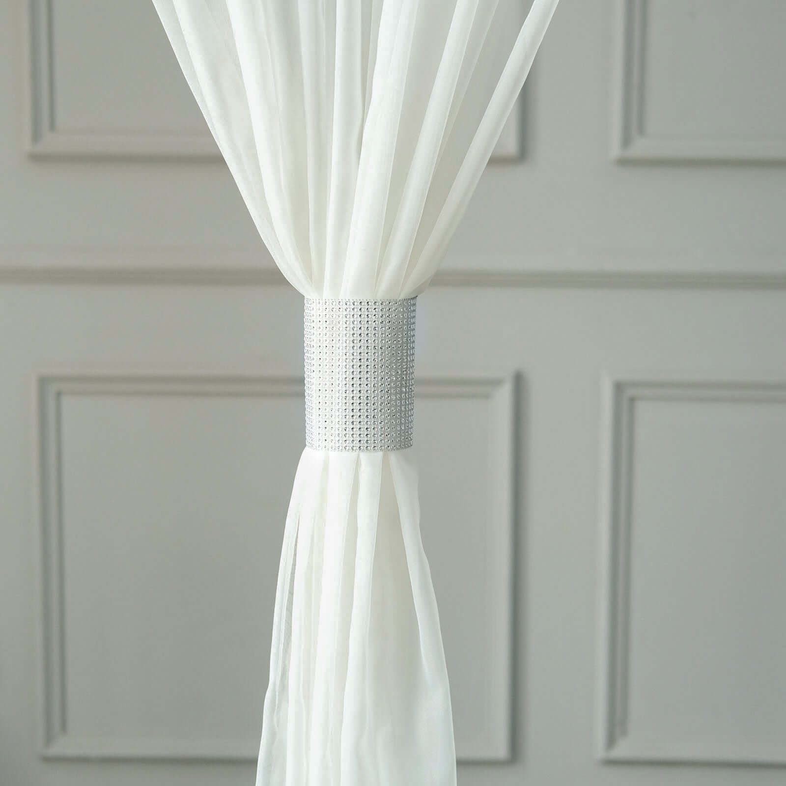 4 Pack Silver Rhinestone Mesh Velcro Backdrop Curtain Bands, Large Chair Sash Clip Tie Backs - 5"X10"