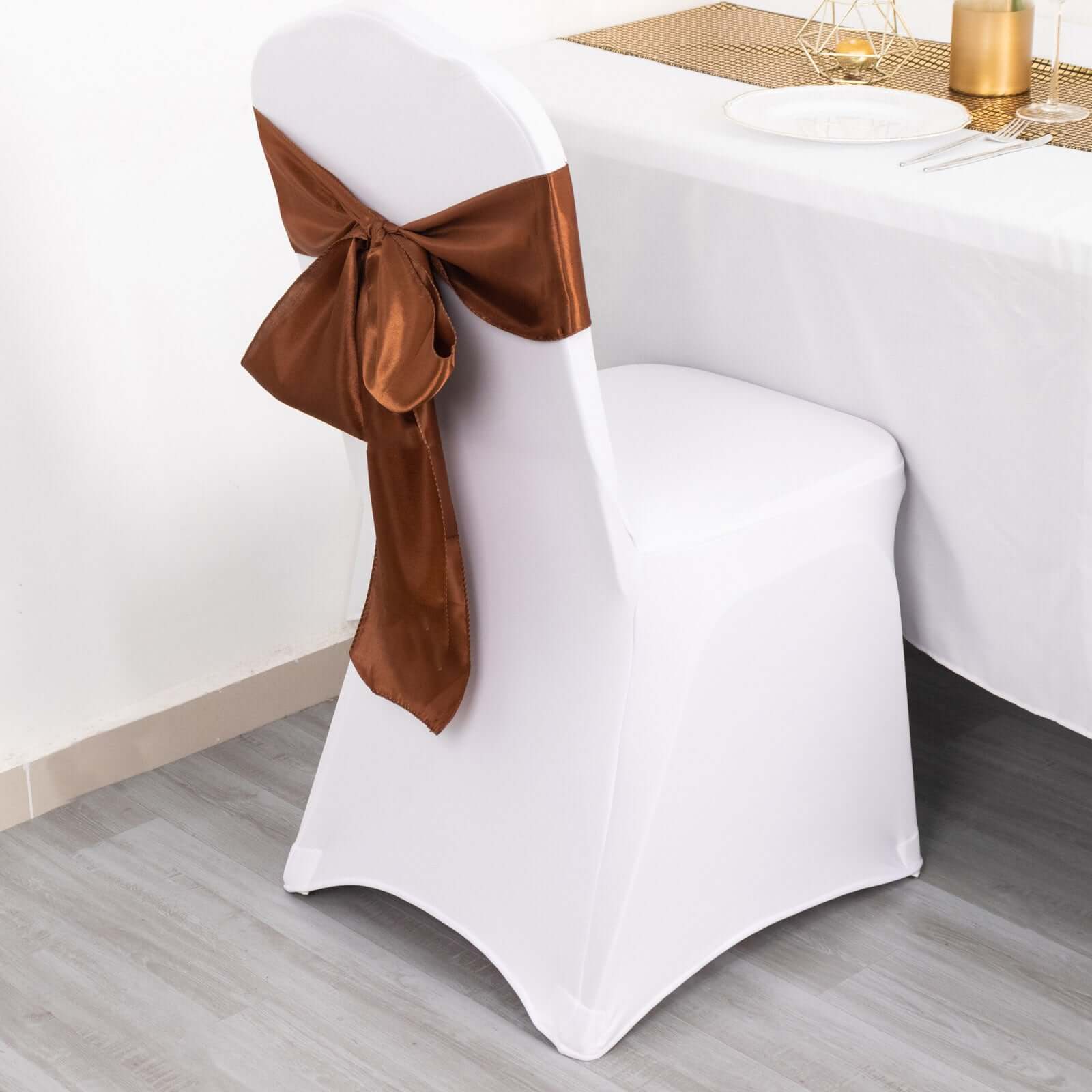 5 Pack Satin Chair Sashes Cinnamon Brown - Durable Chair Bows with Shiny Finish 6"x106"