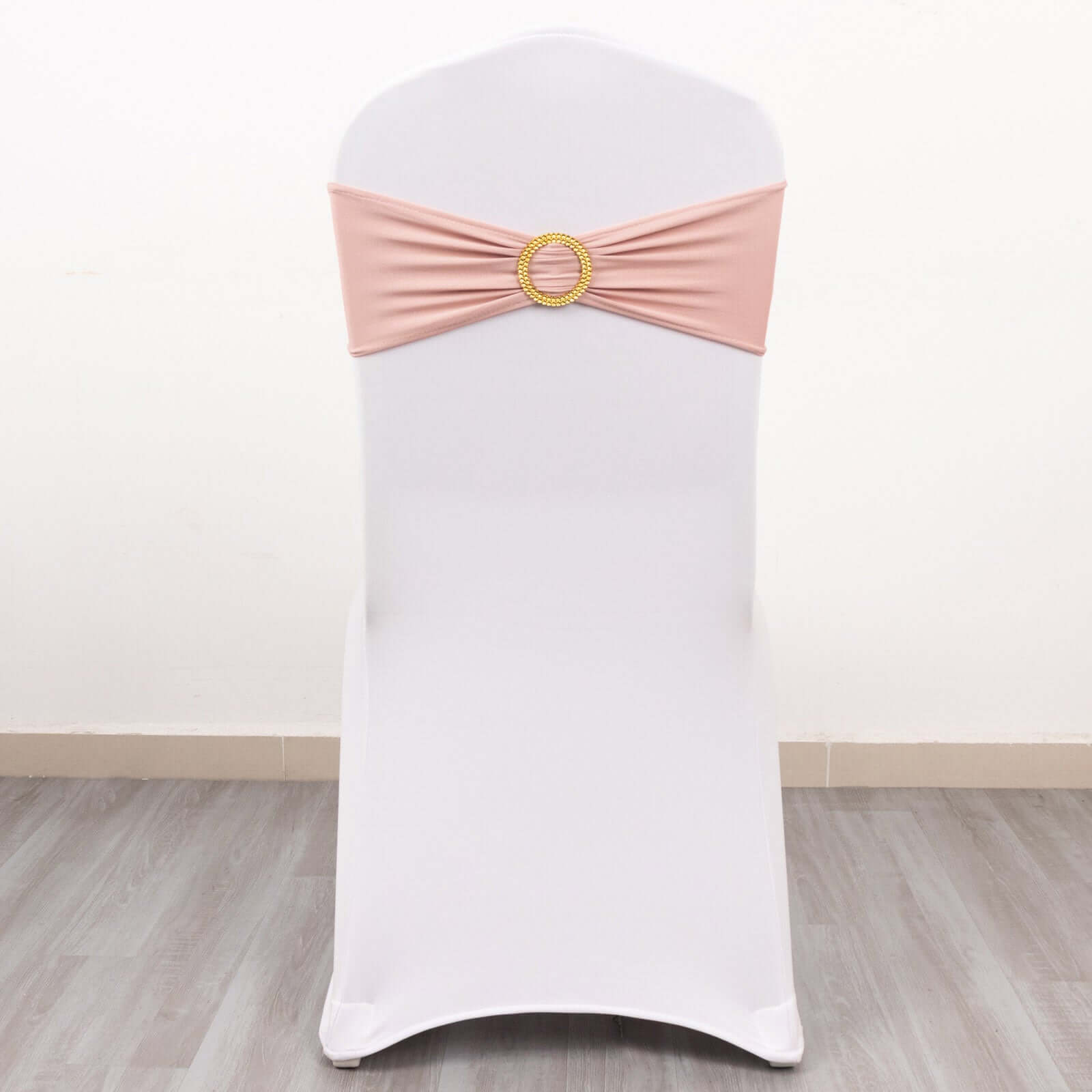 5 Pack Spandex Chair Sashes Dusty Rose with Gold Rhinestone Buckles - Reusable Four-Way Stretch Sash Bands 5"x14"