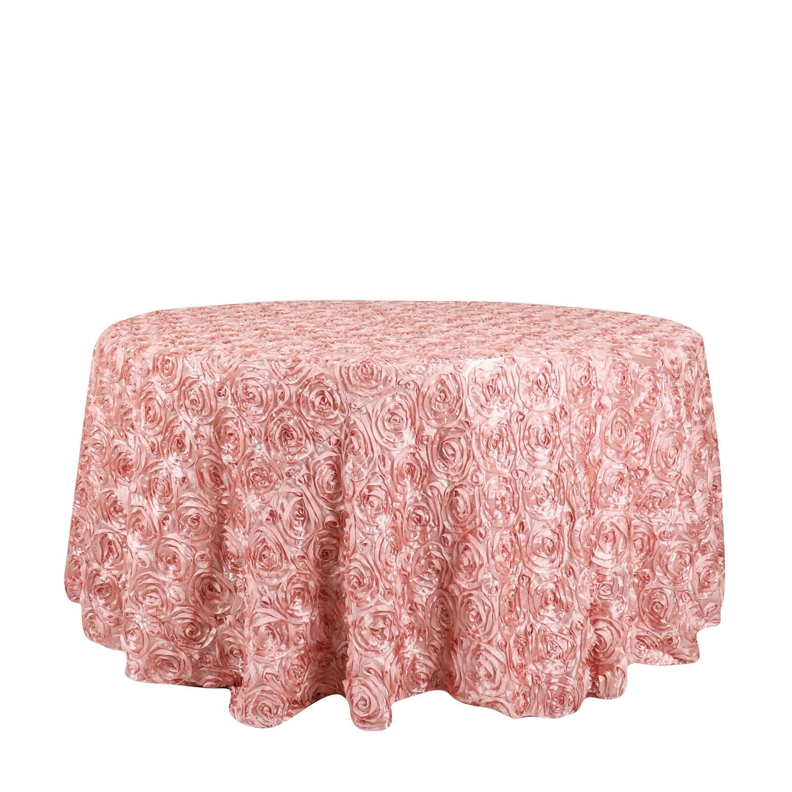 Satin 120" Round Tablecloth Dusty Rose - Grandiose 3D Rosette with Seamless Finish Table Cover