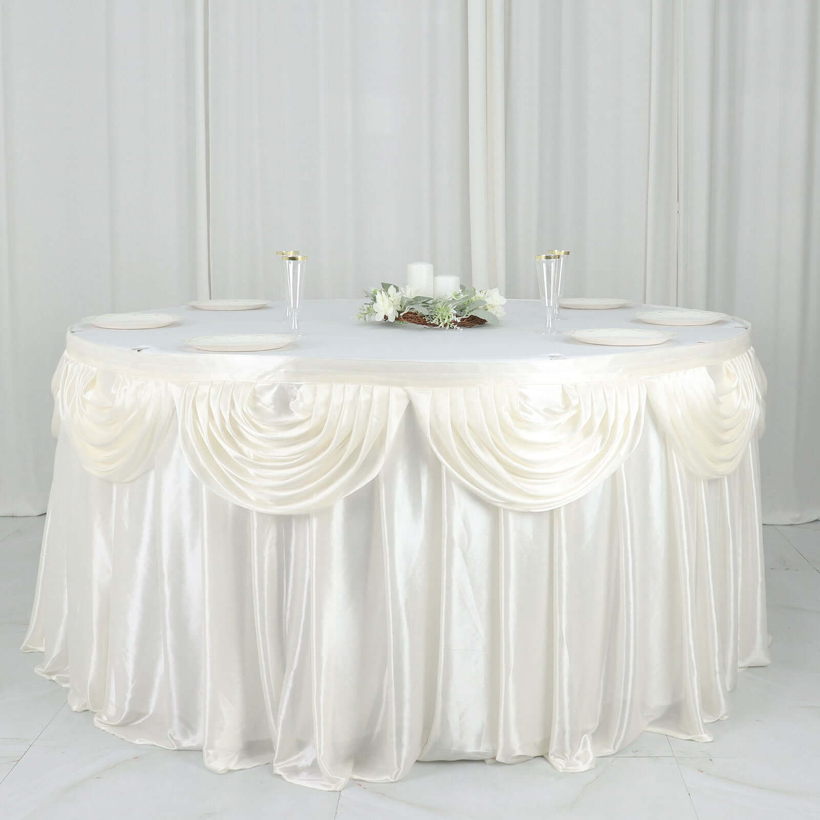 Satin 14ft Table Skirt Ivory - Pleated Double Drape Table Cover