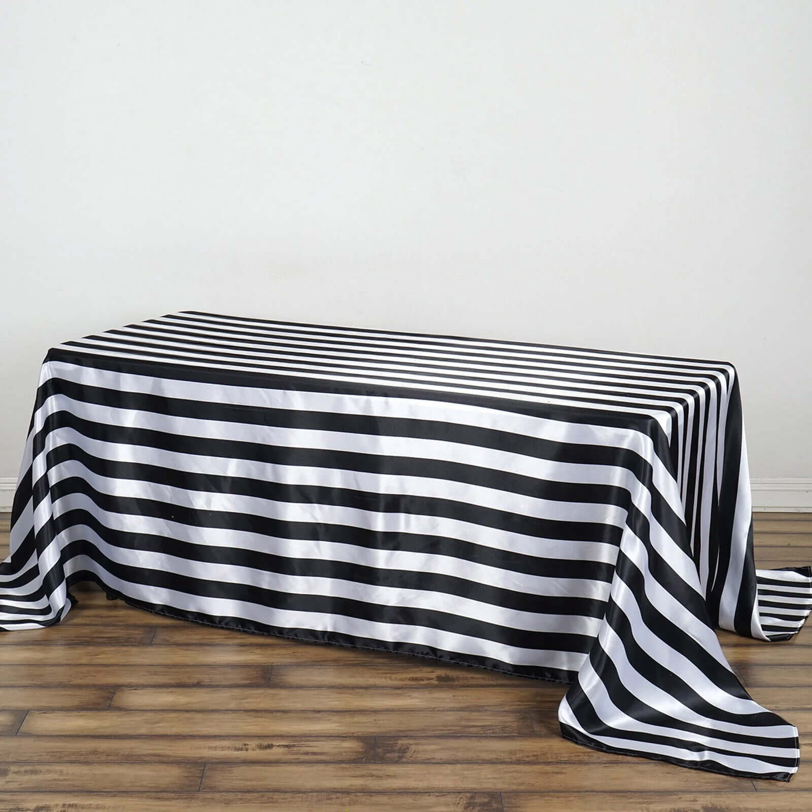 Satin 90"x132" Rectangle Tablecloth Black/White - Stripe Design with Seamless Silky Smooth Finish for Modern Celebrations